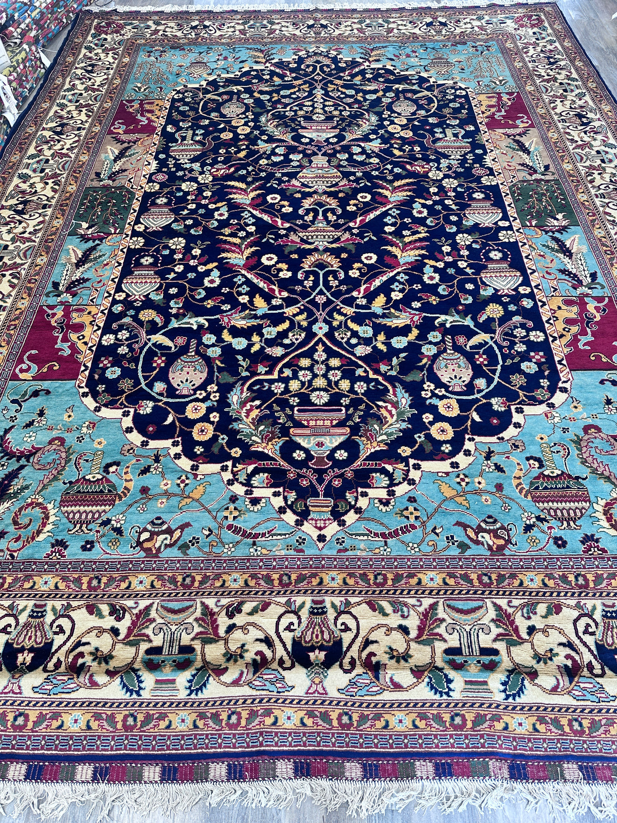 Afghan Rug 10x13, Navy, Light Blue & Ivory, Hand-Knotted Wool