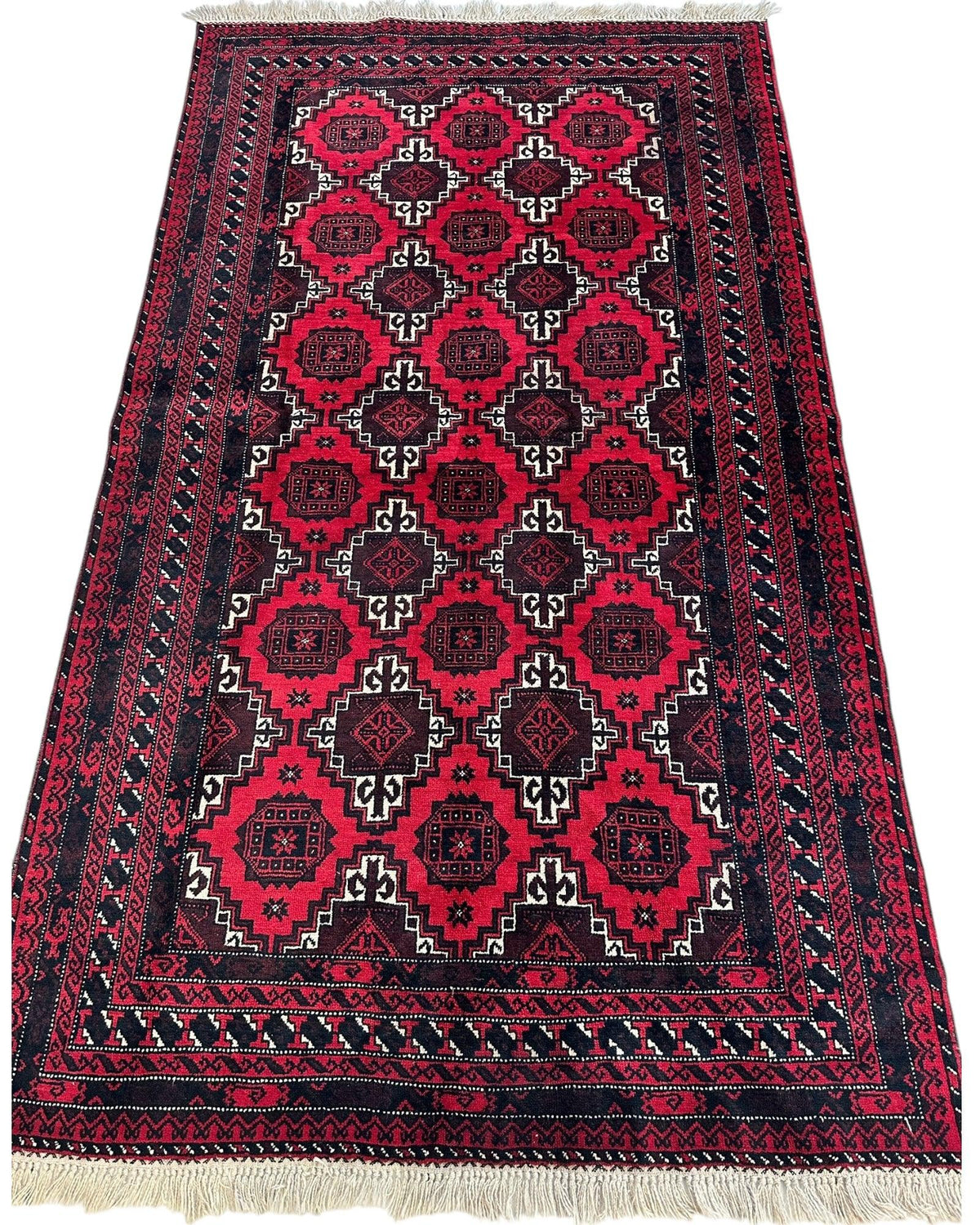 Afghan Baluch Rug 3x7 | Red, Navy & Ivory | Hand-Knotted Wool | View 2