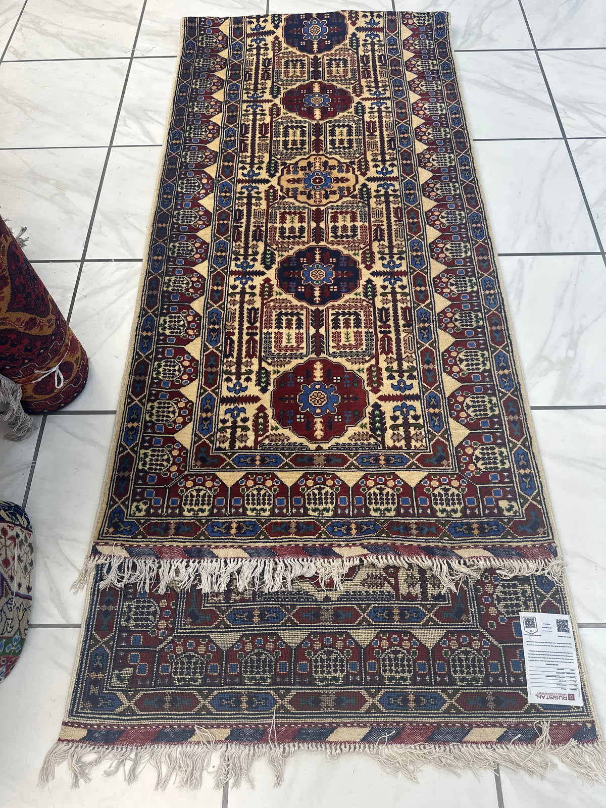 Hand-Knotted Gandomi Afghani Wool Rug, Cream, Red & Blue 3'1" x 13'3"