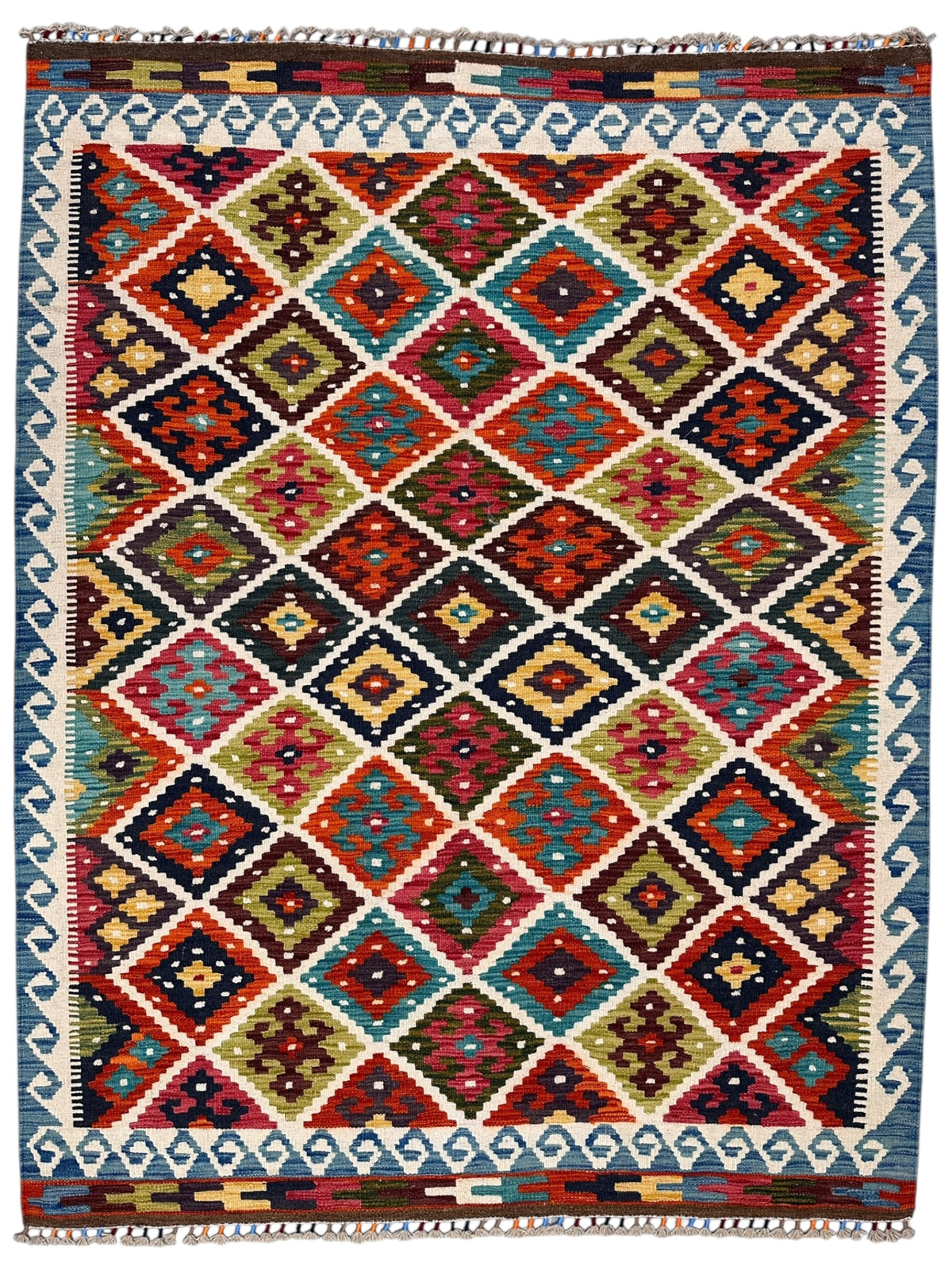 Afghan Kilim Rug 5x7, Red, Navy & Ivory, Hand-Woven Wool Flatweave