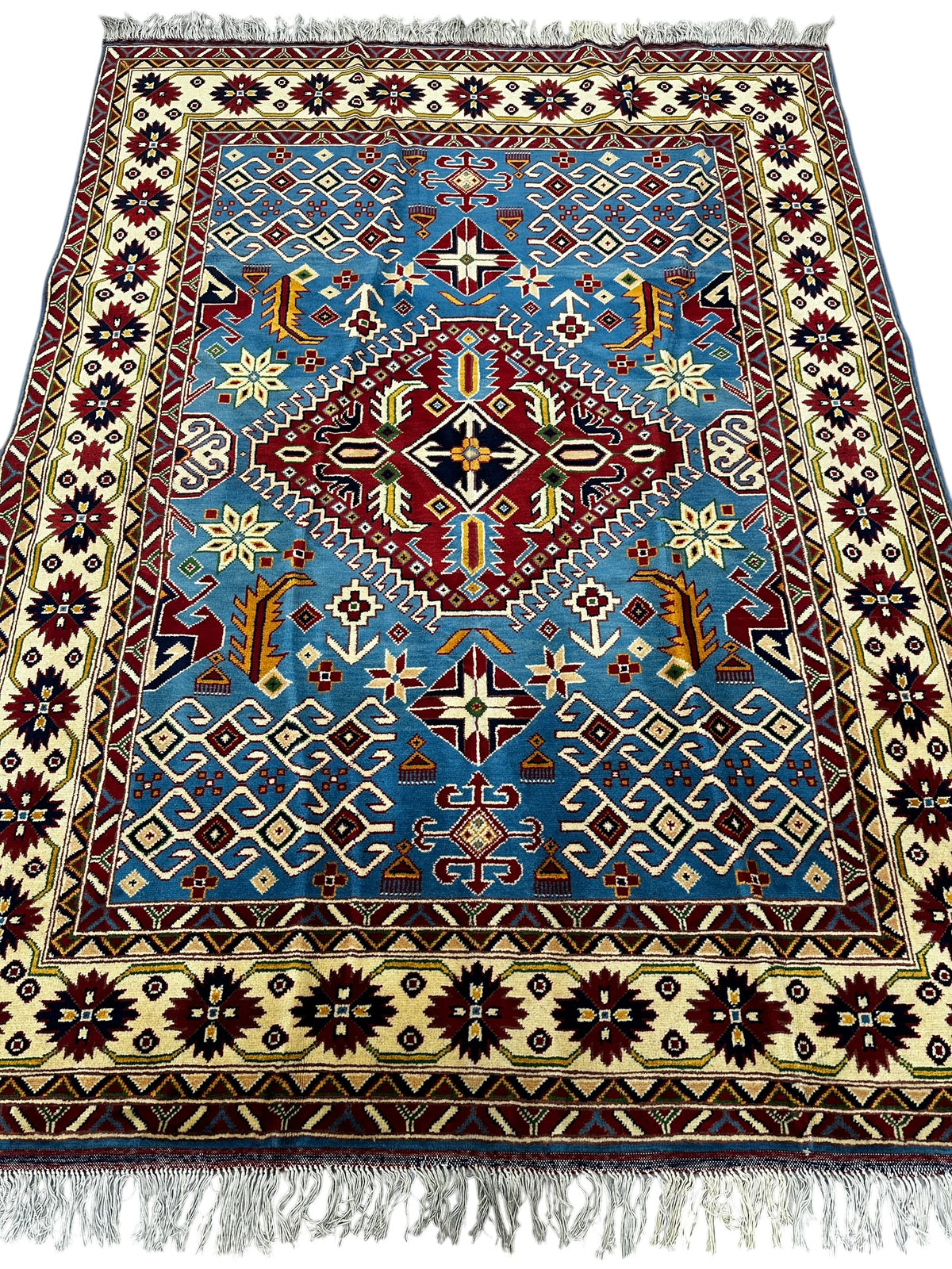 Afghan Kazak Rug 5' x 6'8", Hand-Knotted Wool, Blue & Cream, view 2
