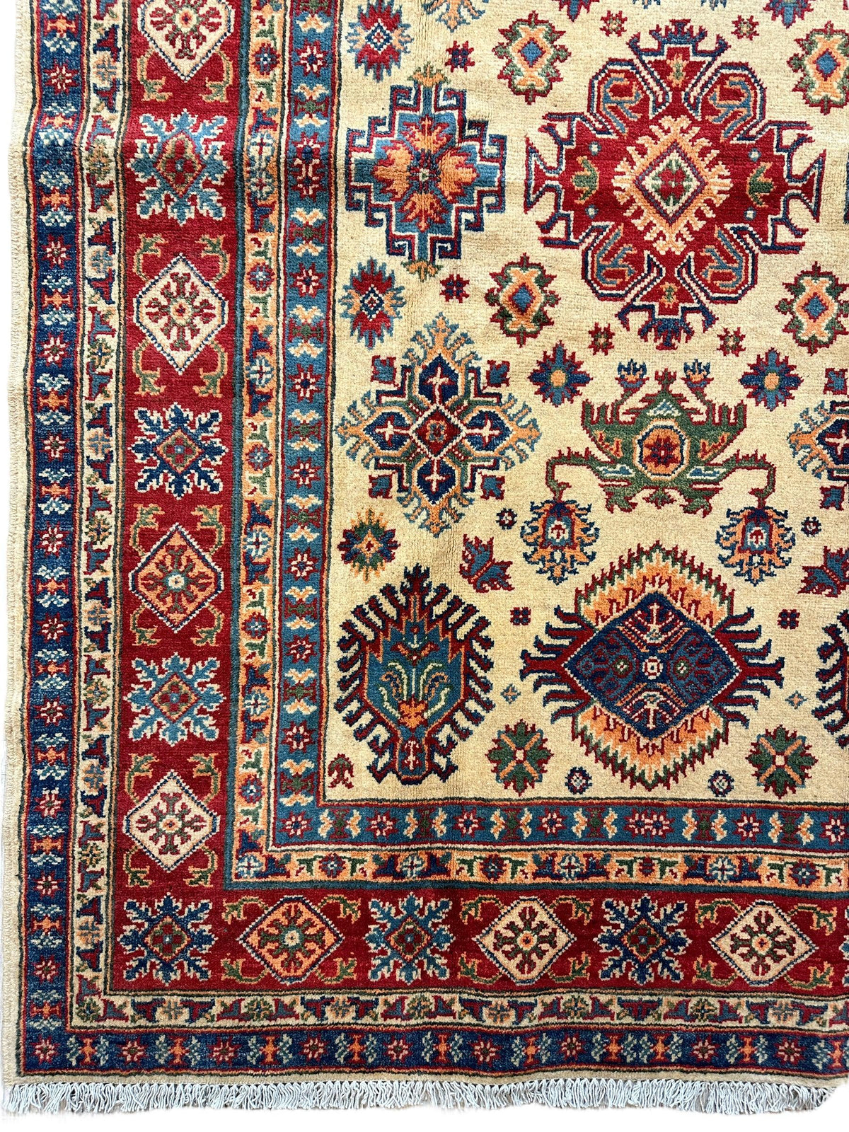 Afghan Kazak Rug 5x7, Gold, Red & Navy, Hand-Knotted Wool, view 2