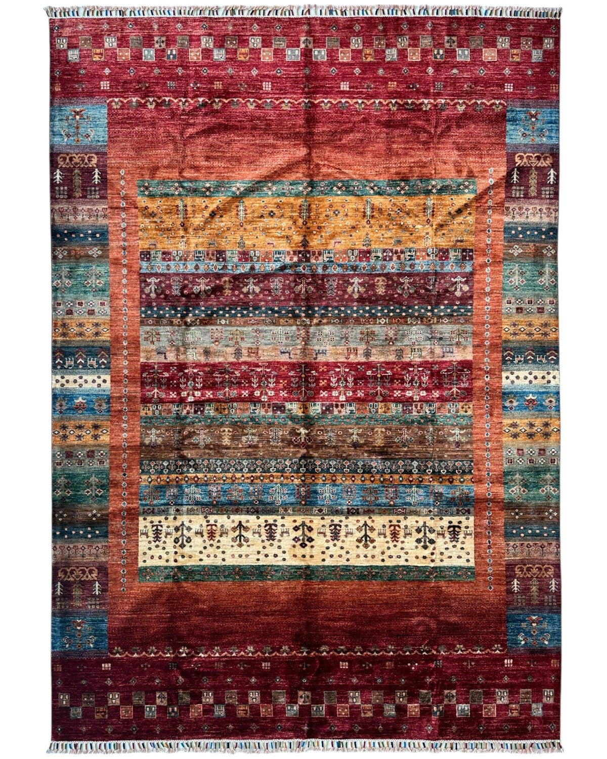 Afghan Khorjin Rug 7' x 9'10", Hand-Knotted Wool, Blue, Gold & Red