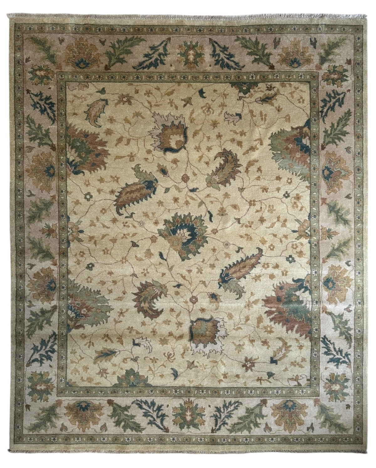 Indian Oushak Rug 7'9" x 9'9", Hand-Knotted Wool, Ivory & Beige