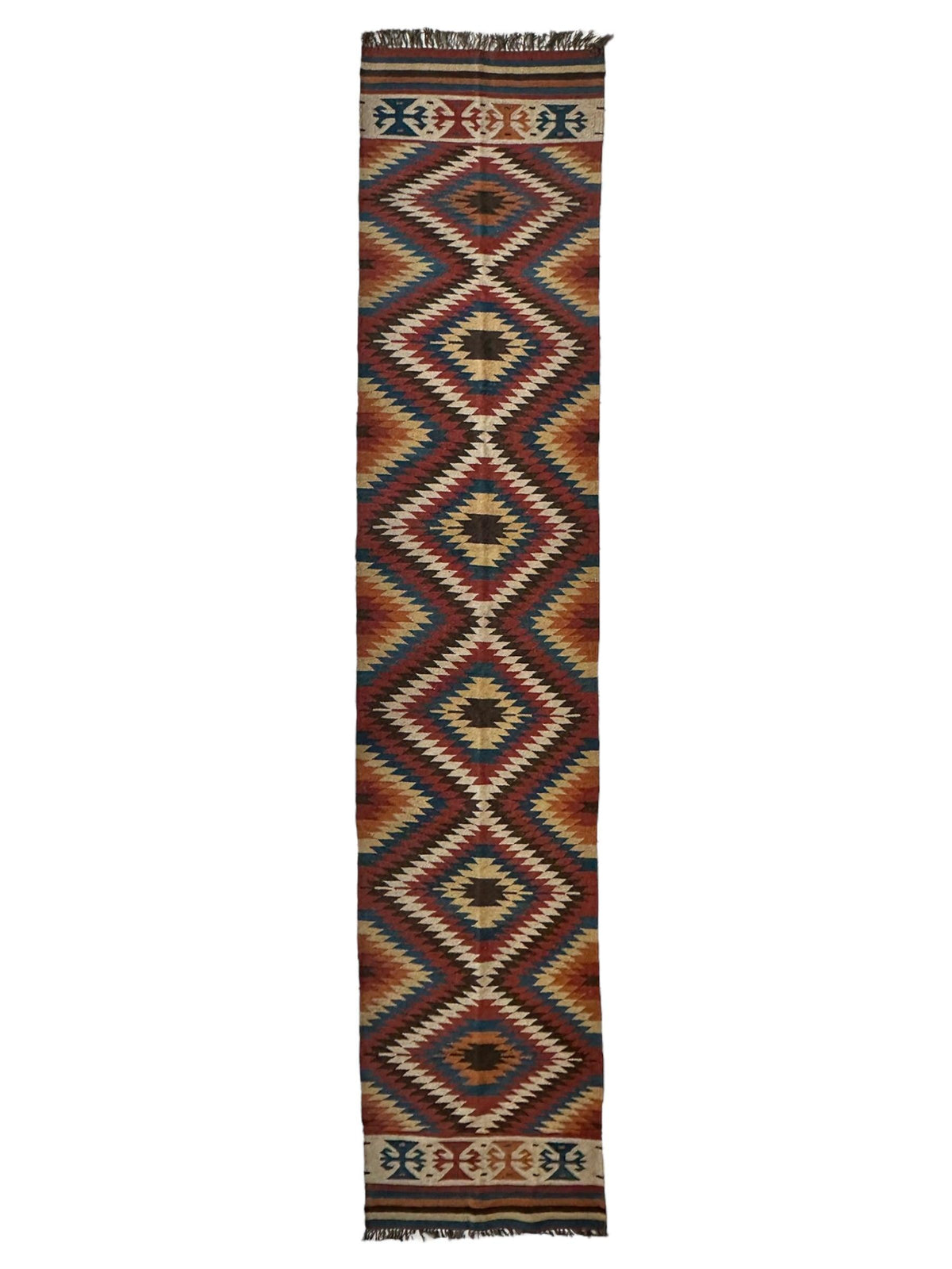 Vintage Afghan Kilim Runner 2'8" x 12'4", Hand-Woven Wool, Blue