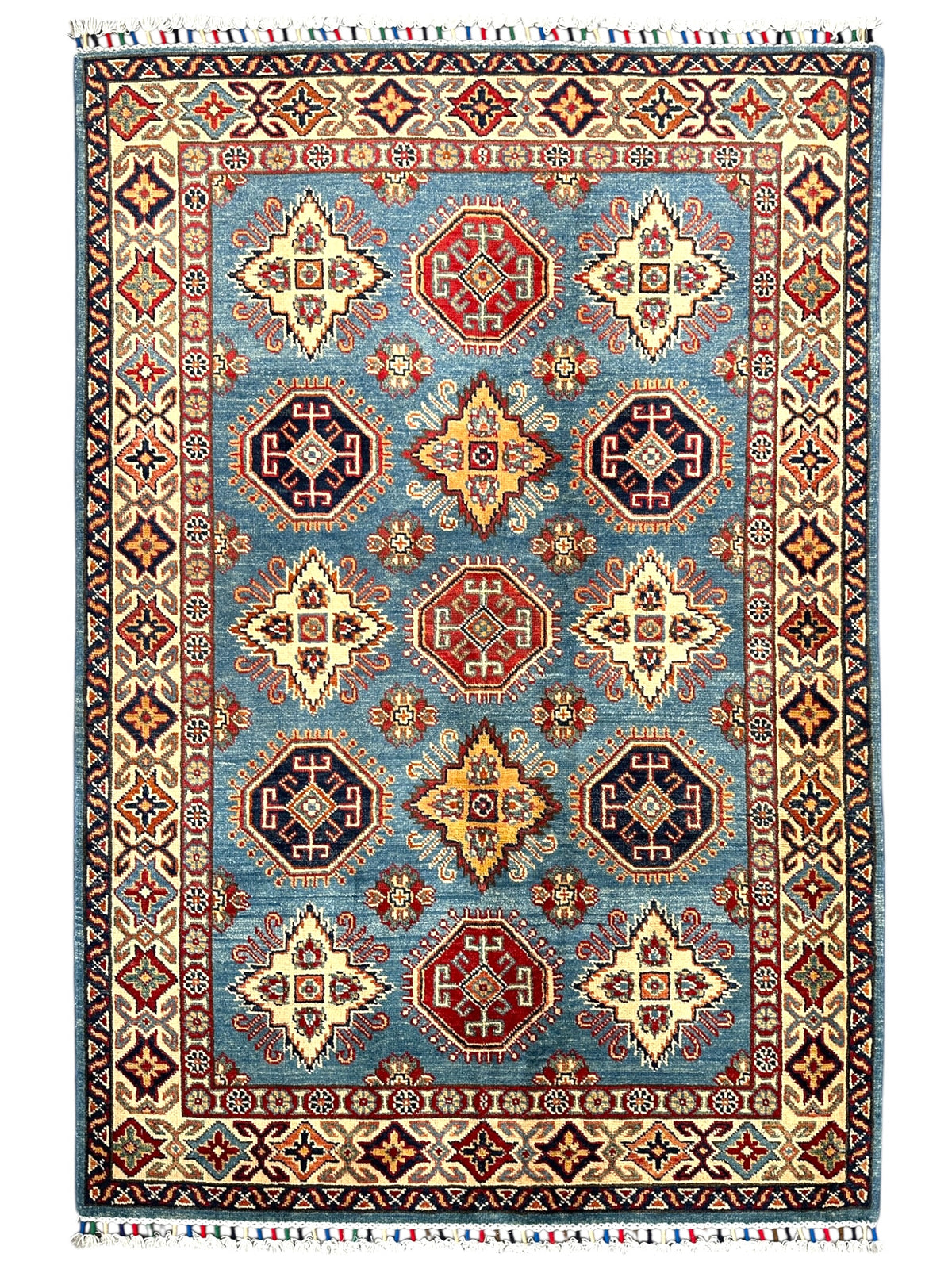 Afghan Kazak Stars Rug 4x6, Light Blue, Ivory & Red, Hand-Knotted Wool