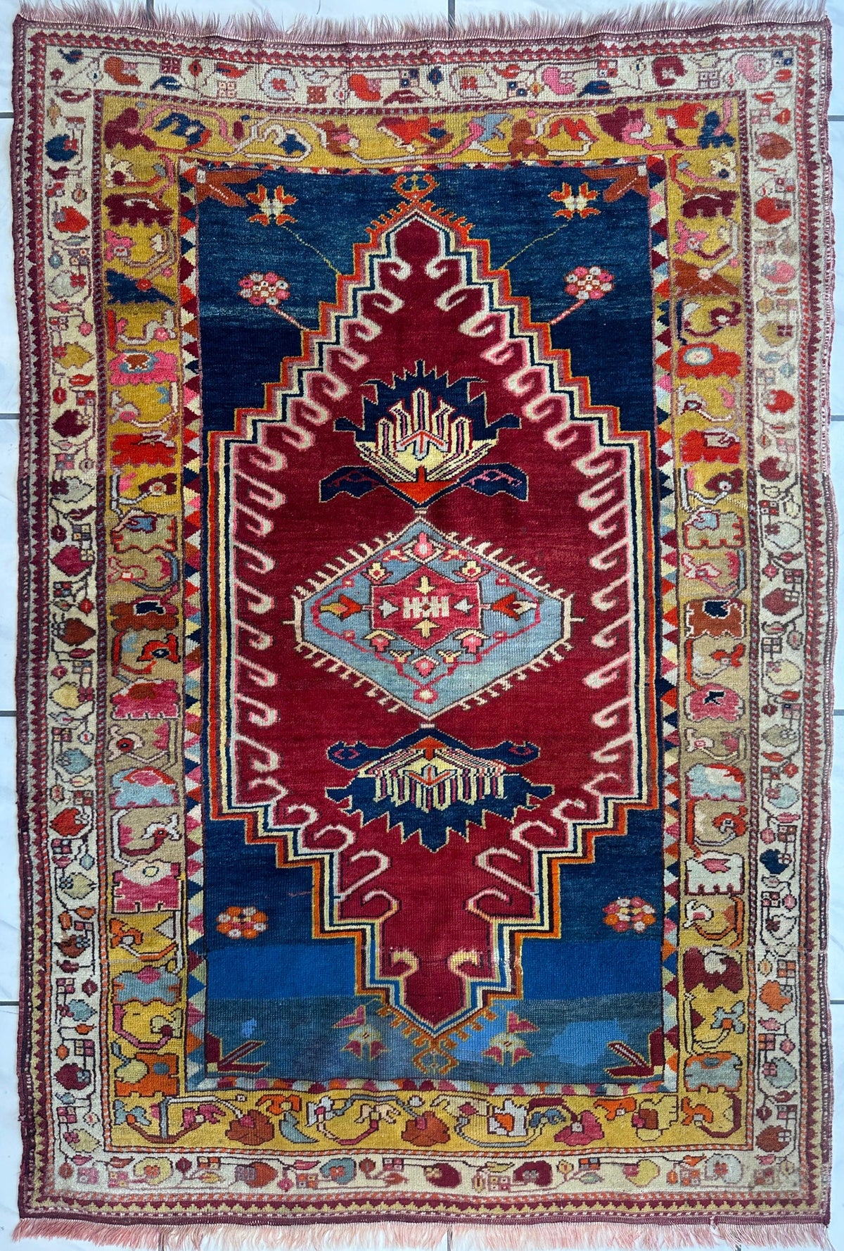Antique Turkish Melas Rug 4'3" x 5'11", Hand-Knotted Wool, Blue
