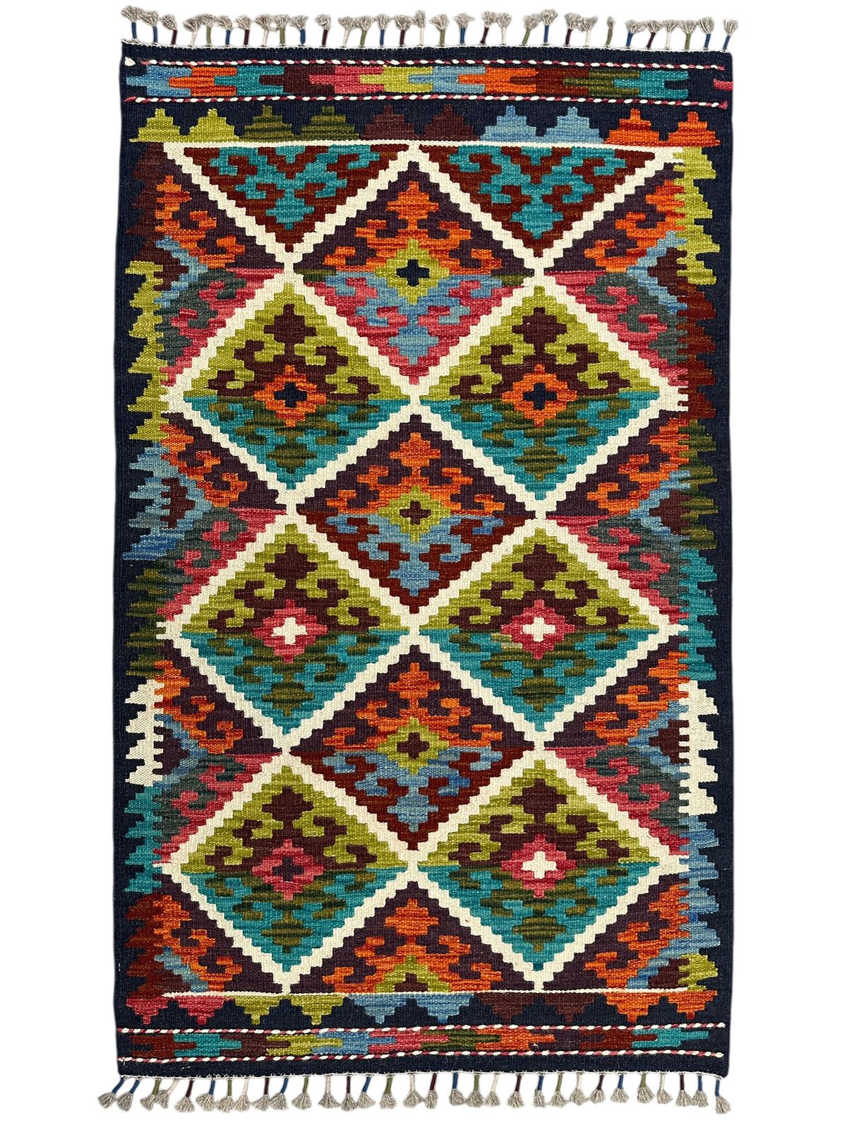 Afghan Kilim Rug 3x4, Navy, Rust & Olive Green, Diamond Lattice Wool Flatweave
