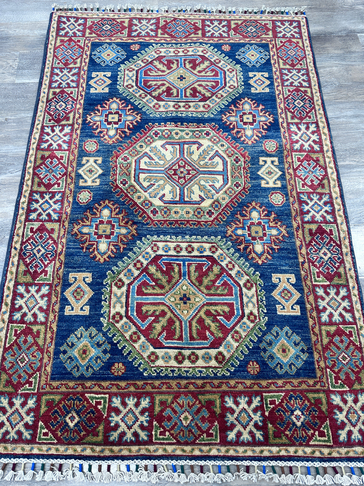 Afghan Kazak Rug 3'4" x 5', Hand-Knotted Wool, Cream & Red, view 2