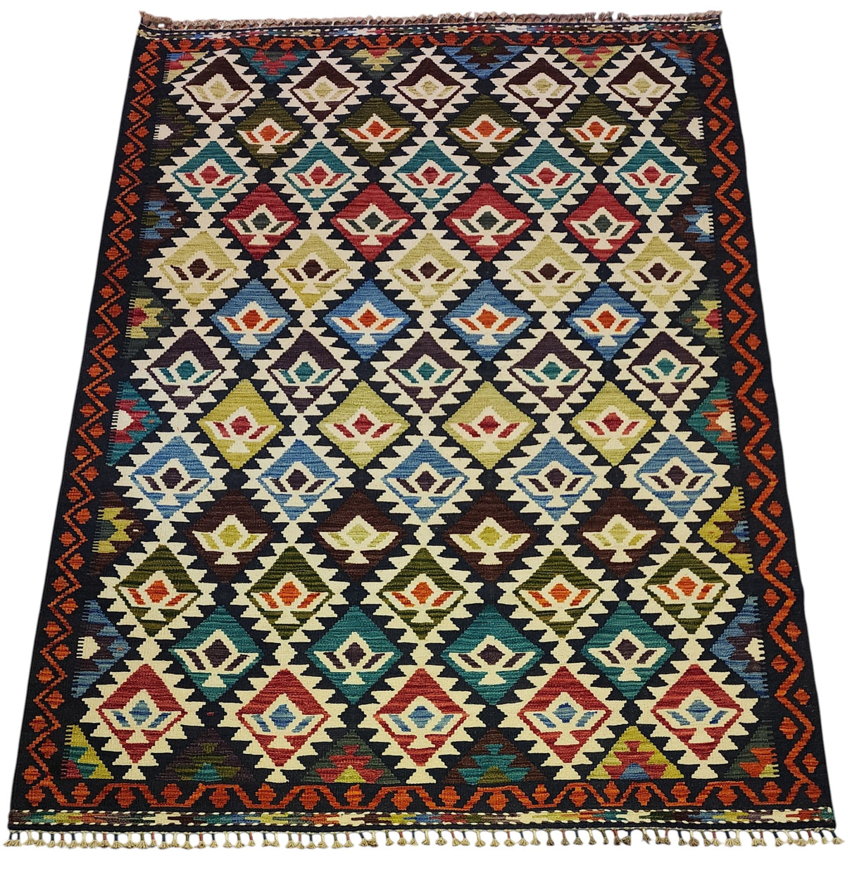 Afghan Kilim Rug 6x8, Navy, Ivory & Rust, Hand-Woven Wool Flatweave, view 2