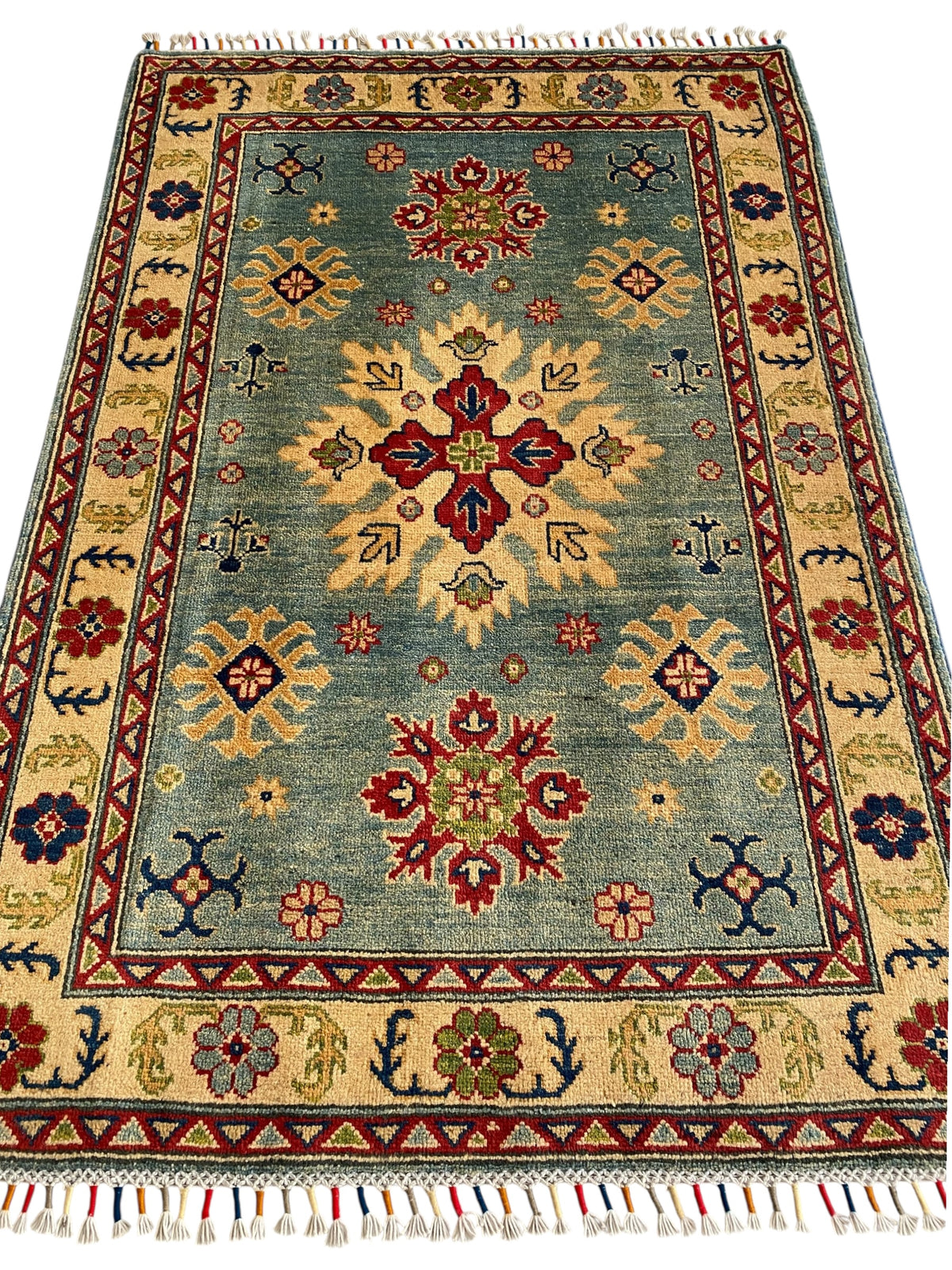 Afghani Rug 4x6 size range tribal Blue Cream laid flat