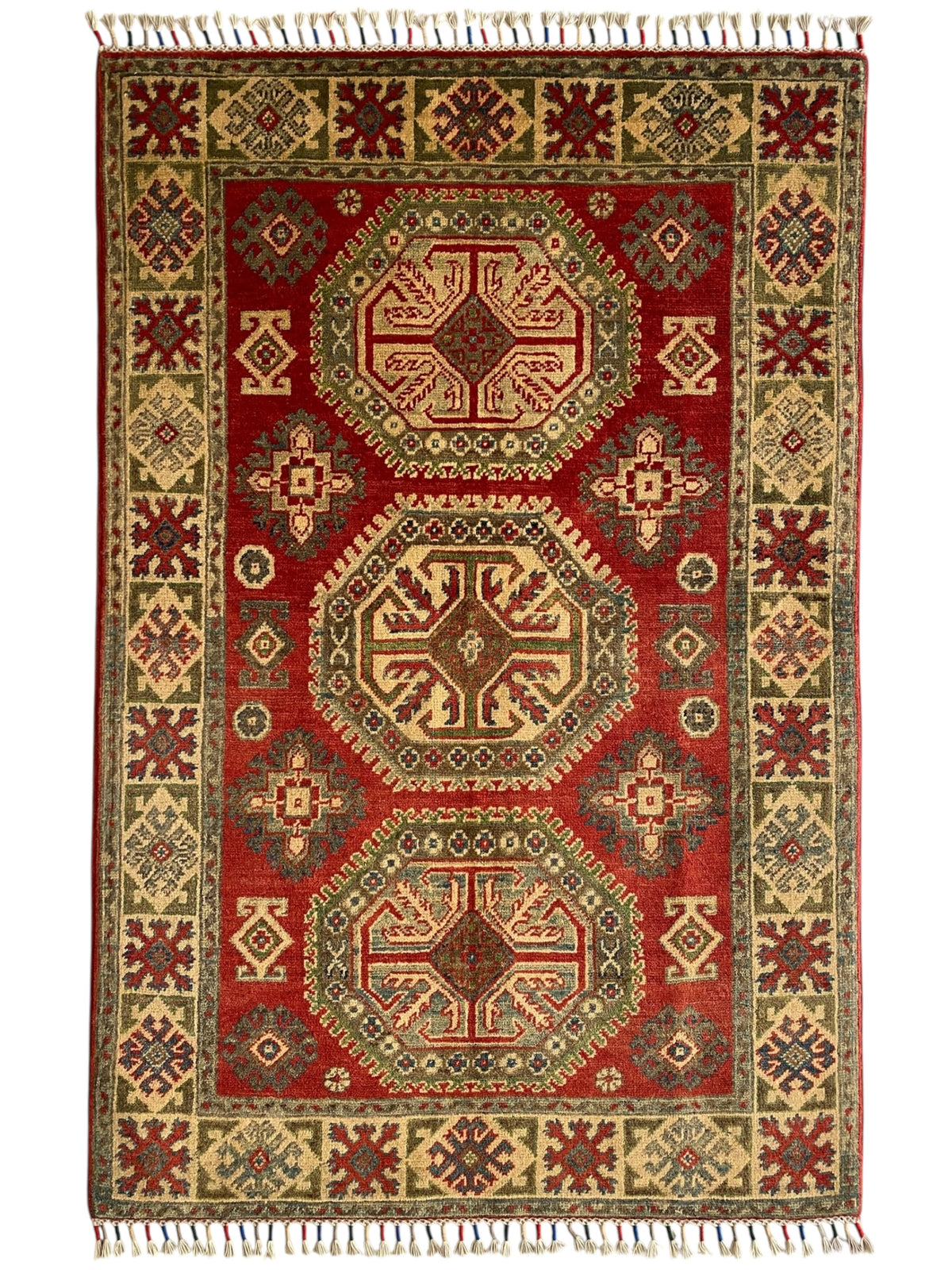 Afghani Rug 4x6 size range tribal Red Green laid flat