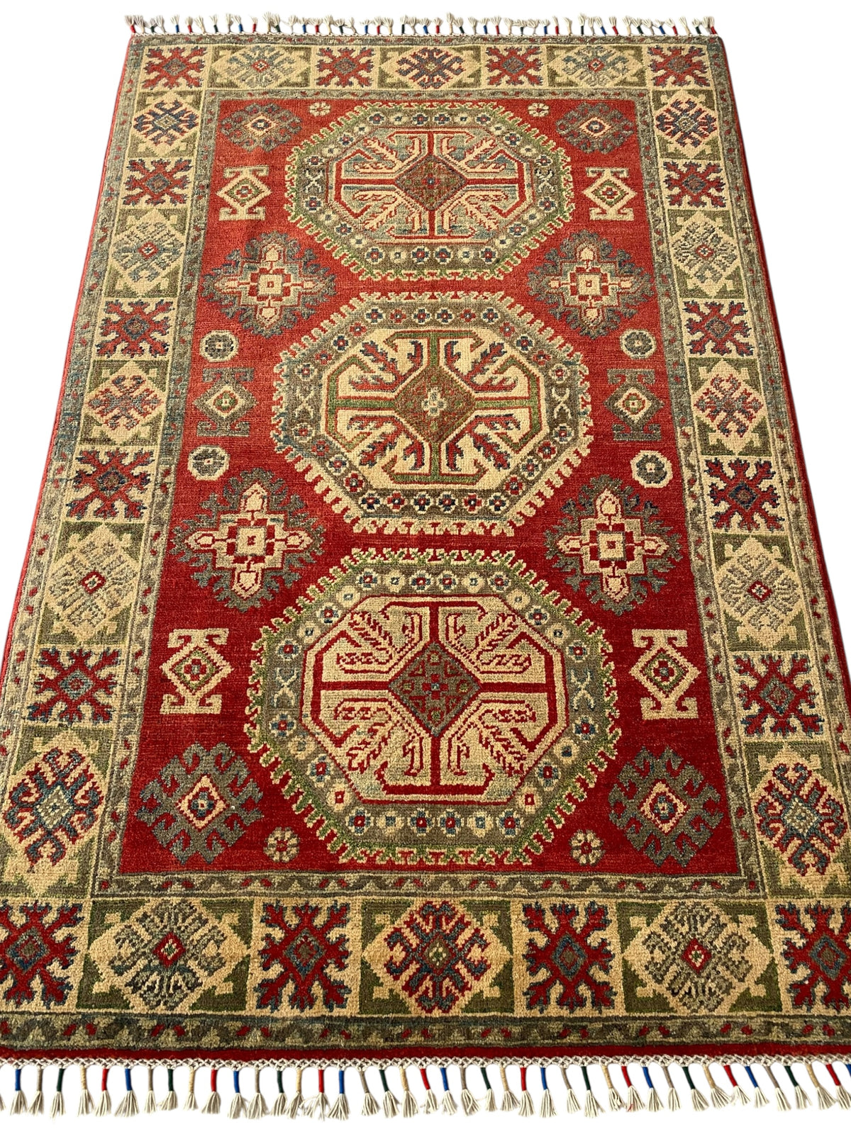 Afghani Rug 4x6 size range tribal Red Green laid flat