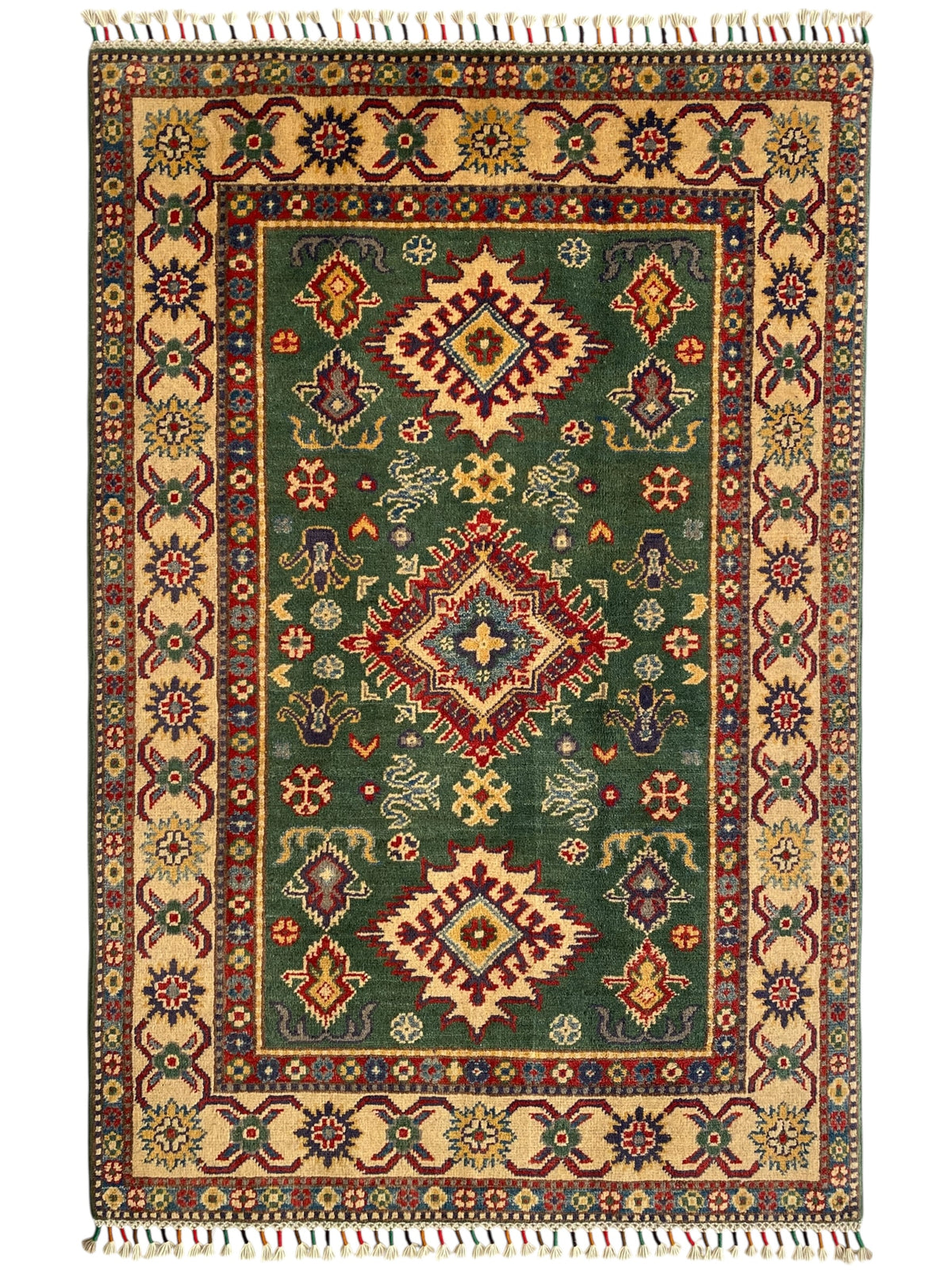 Afghani Rug 4x6 size range tribal Green laid flat