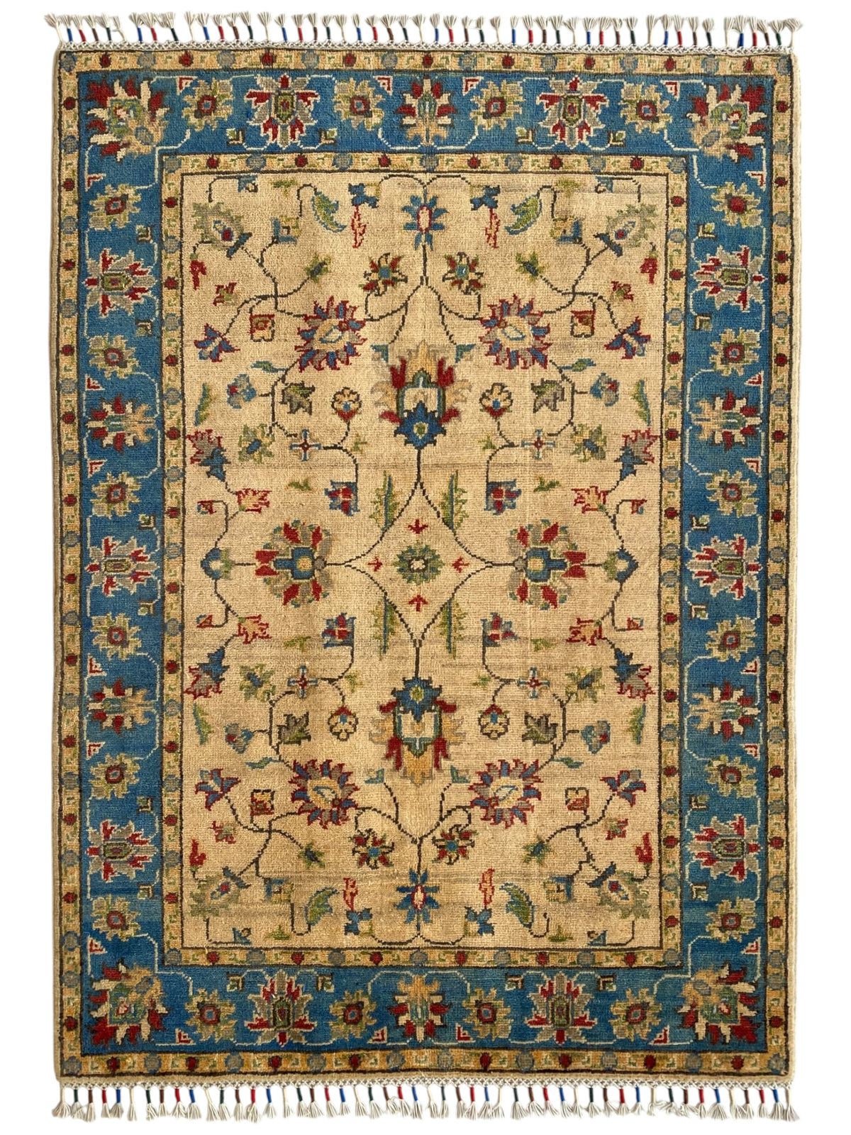Afghani Rug 4x6 size range tribal Blue Cream laid flat