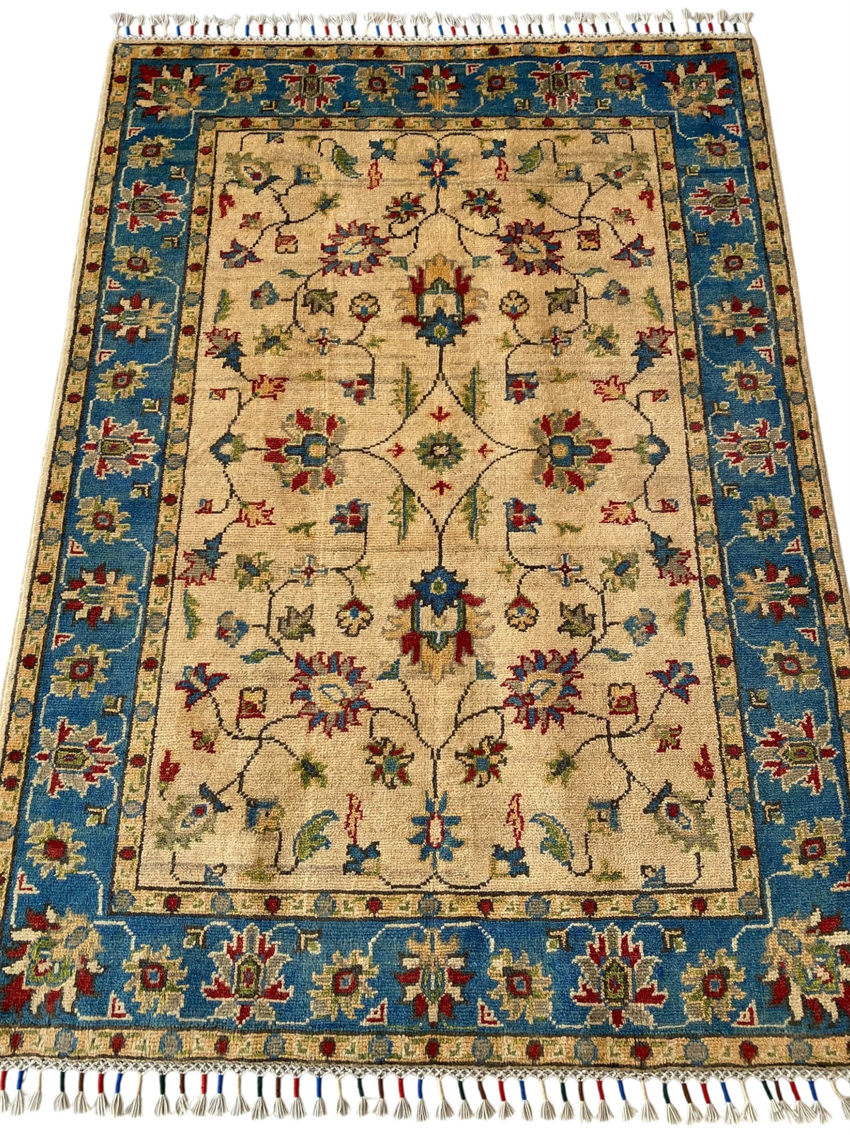 Afghani Rug 4x6 size range tribal Blue Cream laid flat