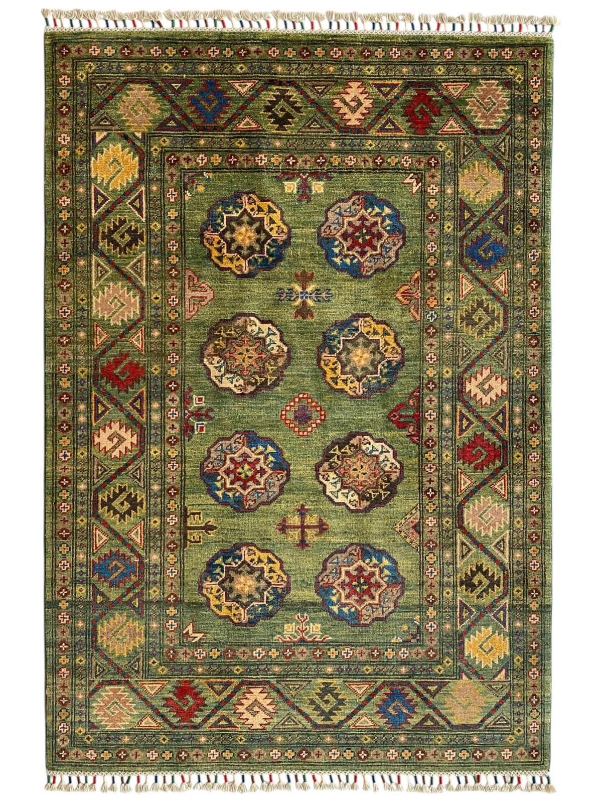 Afghani Rug 4x6 size range tribal Green laid flat