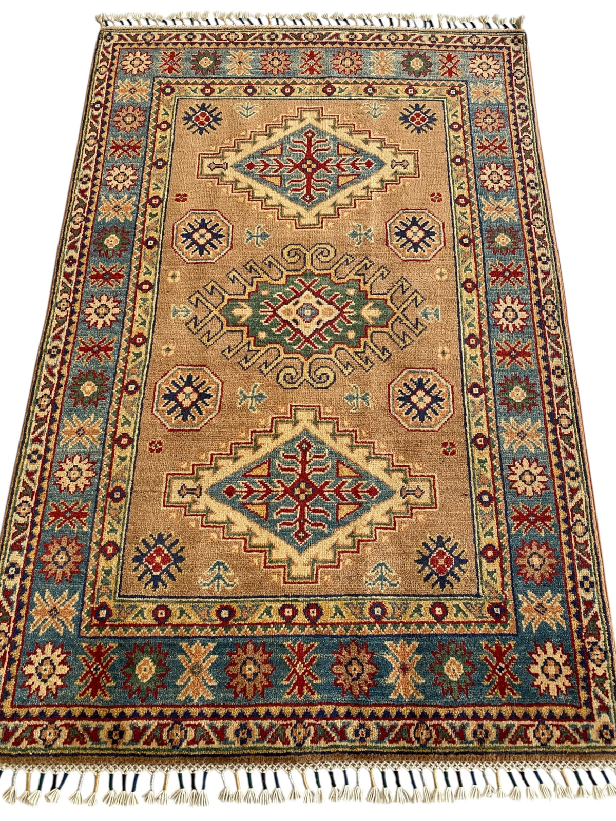 Afghani Rug 4x6 size range tribal Blue Beige laid flat