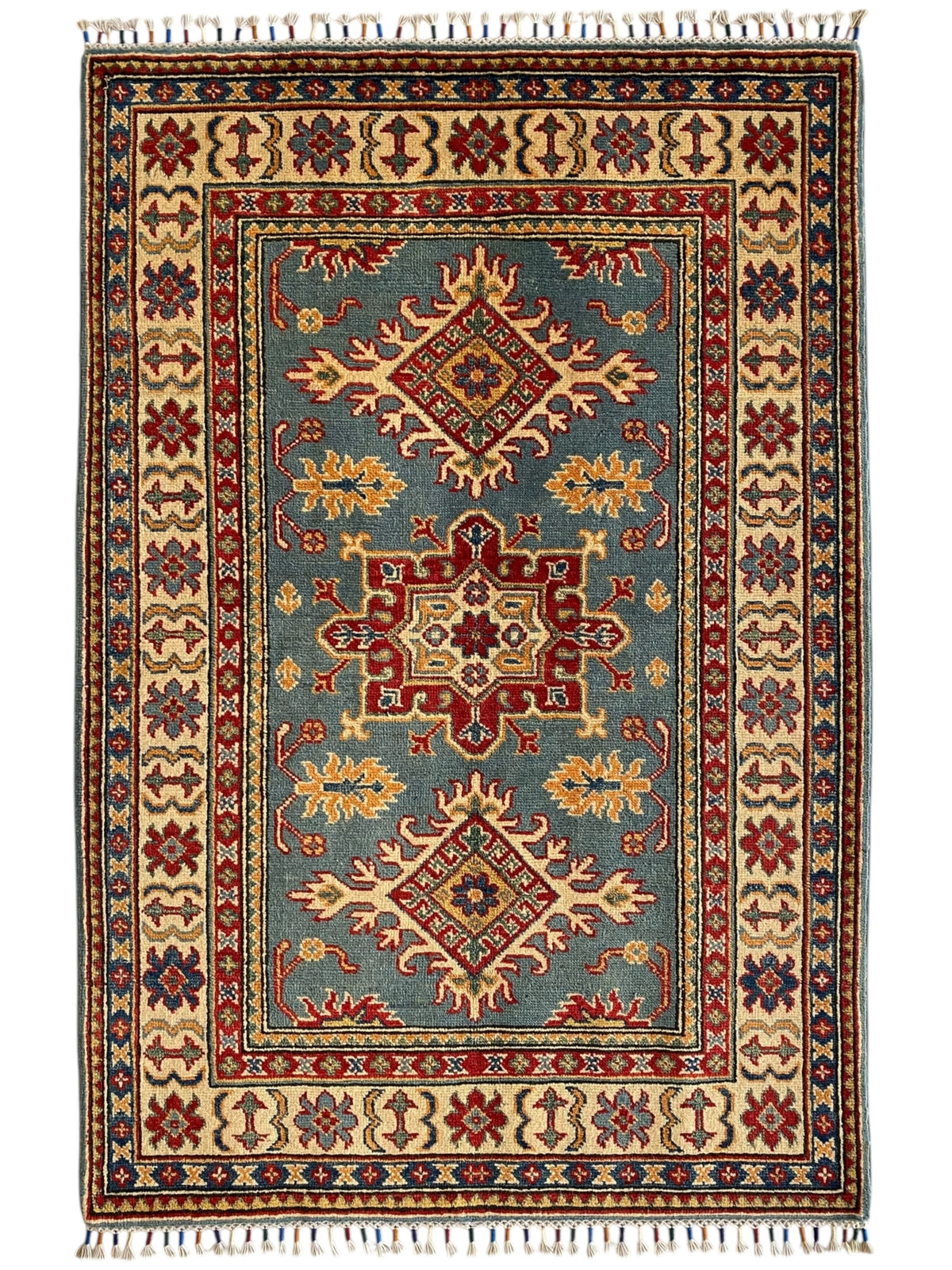 Afghani Rug 4x6 size range tribal Blue Beige laid flat
