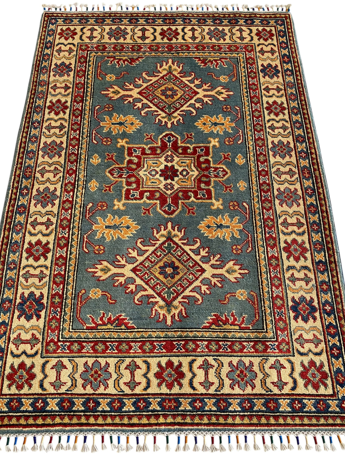 Afghani Rug 4x6 size range tribal Blue Beige laid flat