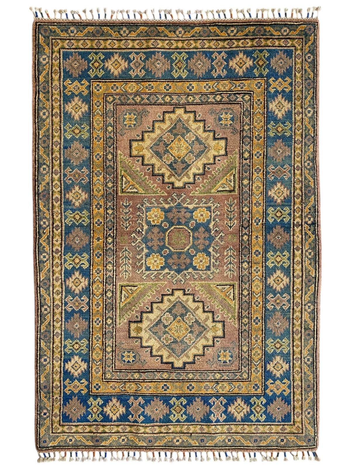 Afghani Rug 4x6 size range tribal Blue Pink laid flat