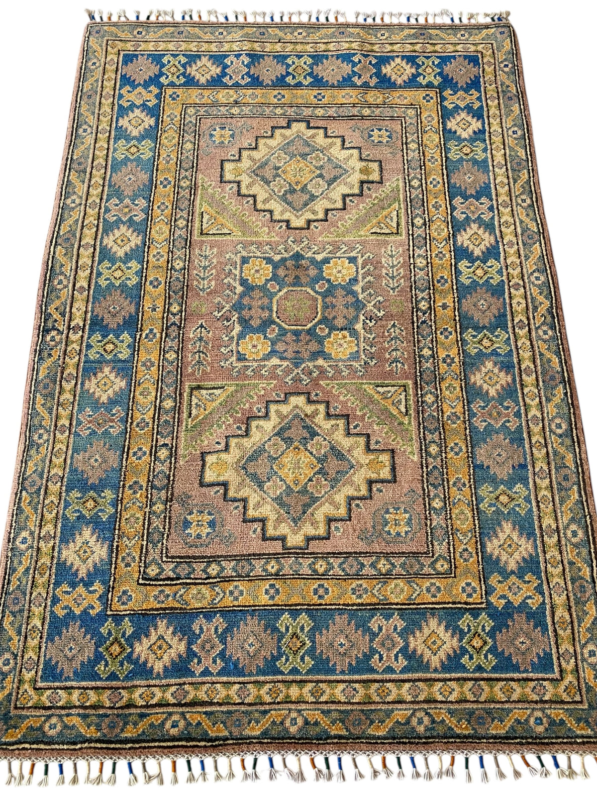 Afghani Rug 4x6 size range tribal Blue Pink laid flat