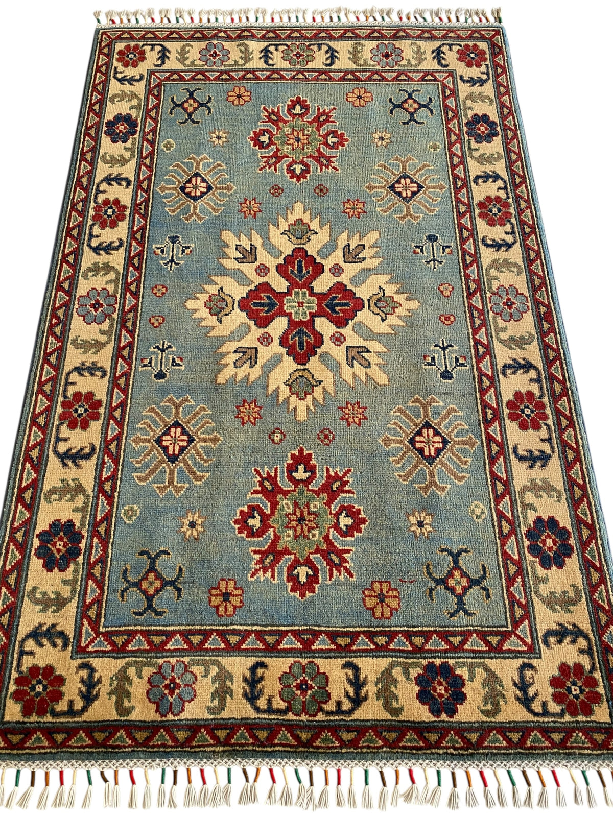 Afghani Rug 4x6 size range tribal Blue Cream laid flat