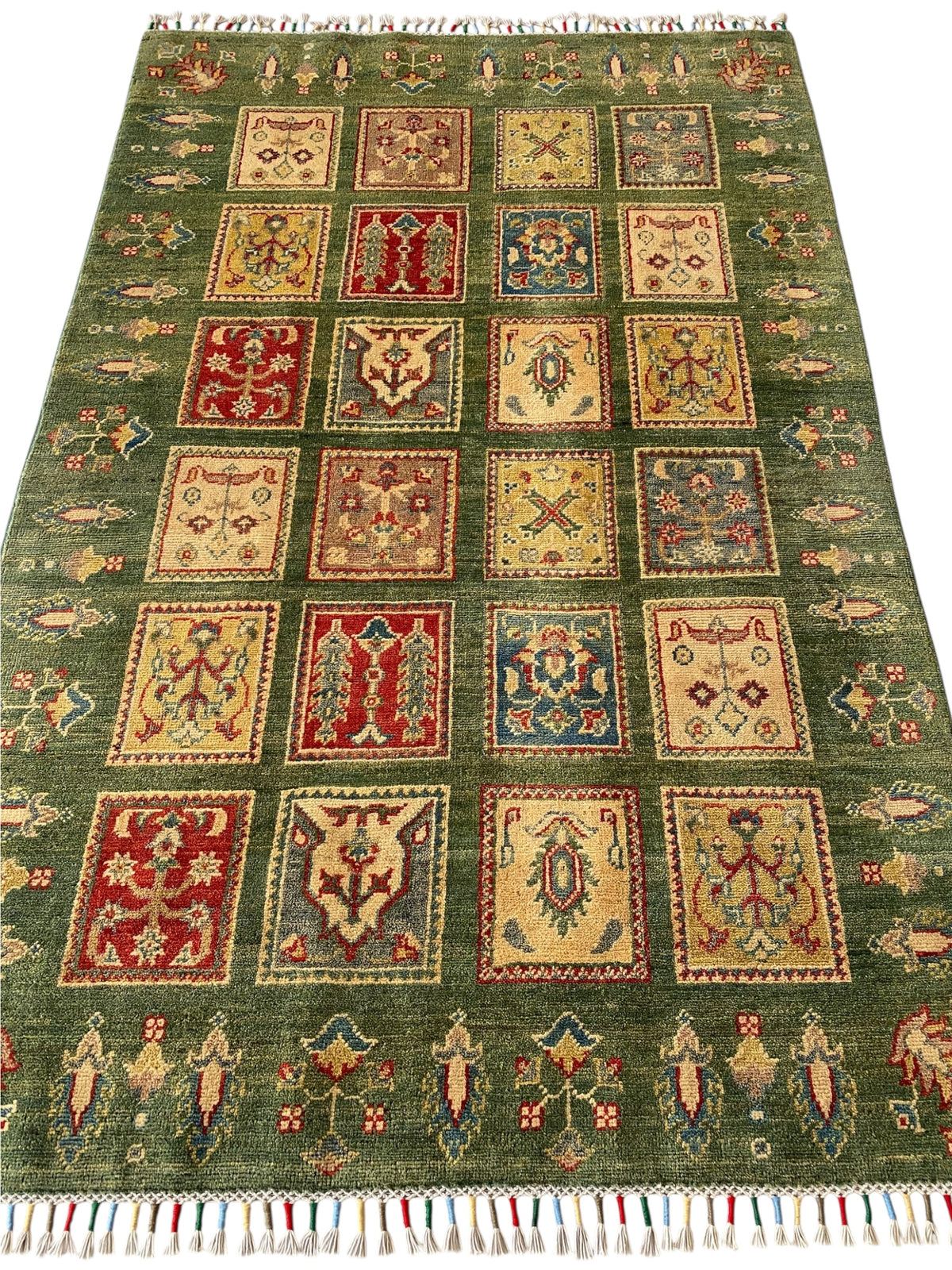 Afghani Rug 4x6 size range tribal Green laid flat