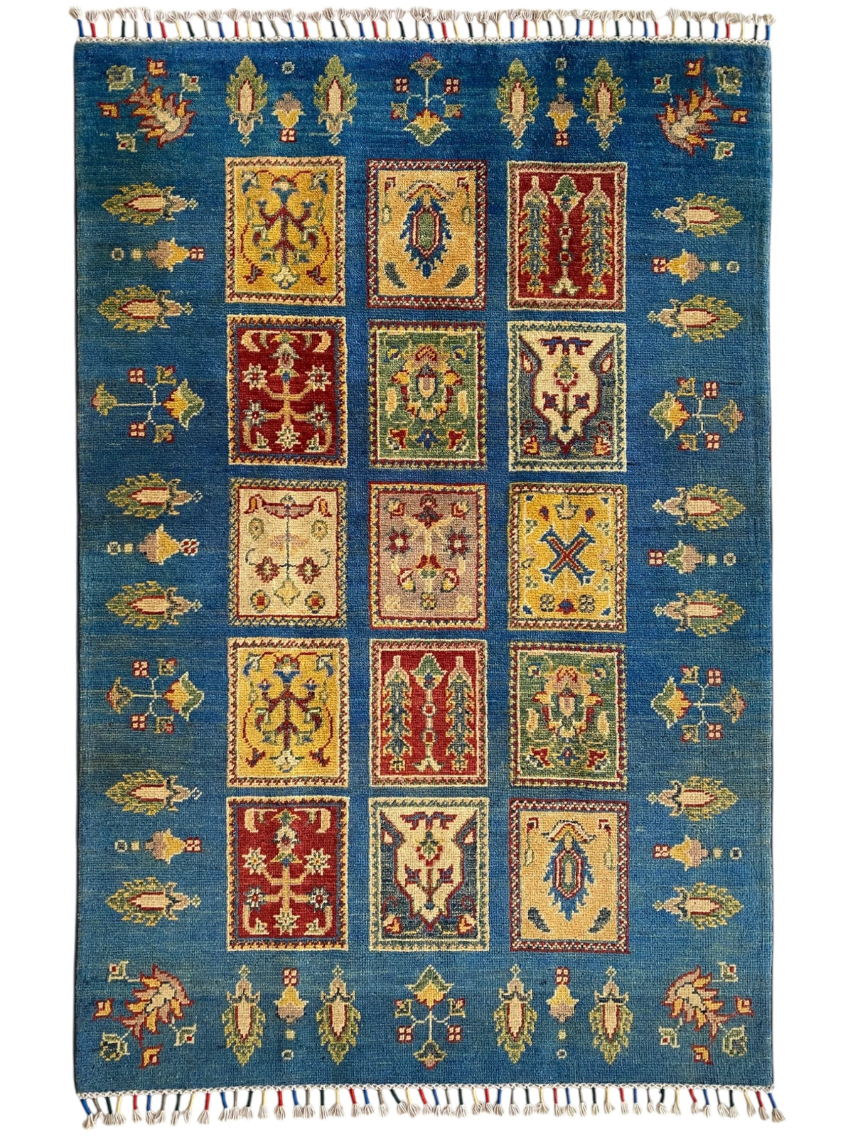 Afghani Rug 4x6 size range tribal Blue Cream laid flat