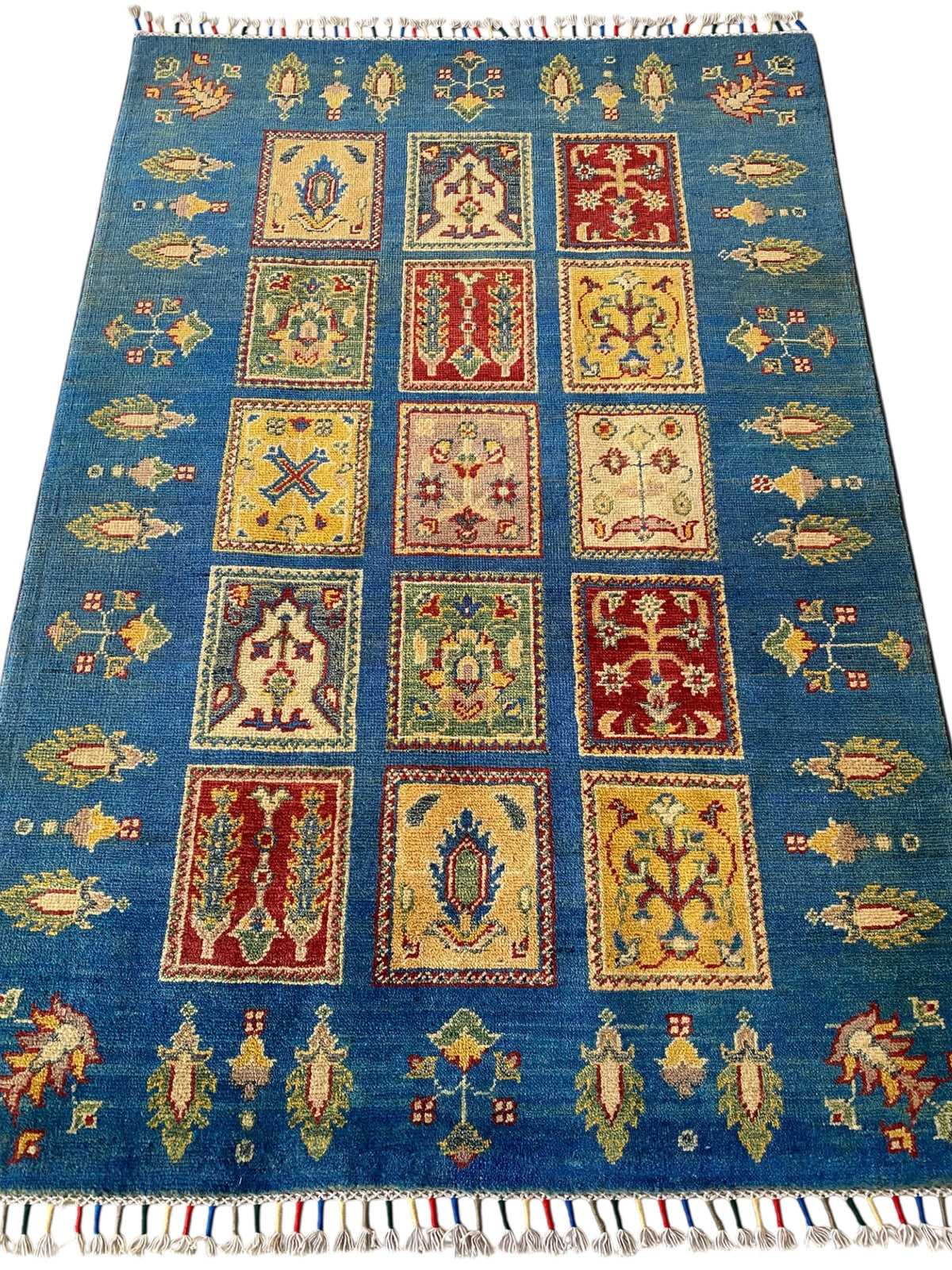 Afghani Rug 4x6 size range tribal Blue Cream laid flat