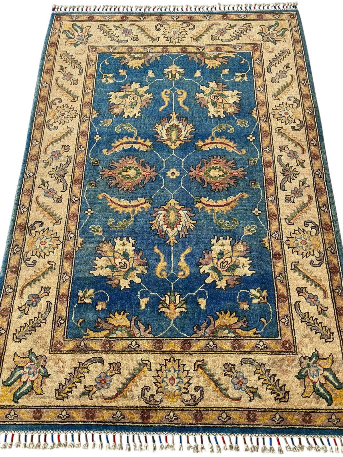 Afghani Rug 4x6 size range tribal Blue Cream laid flat