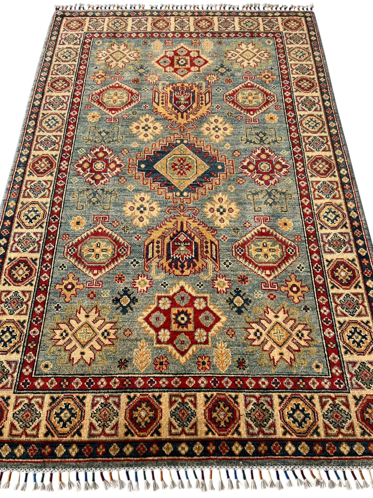 Afghani Rug 4x10 size range tribal Blue Beige laid flat