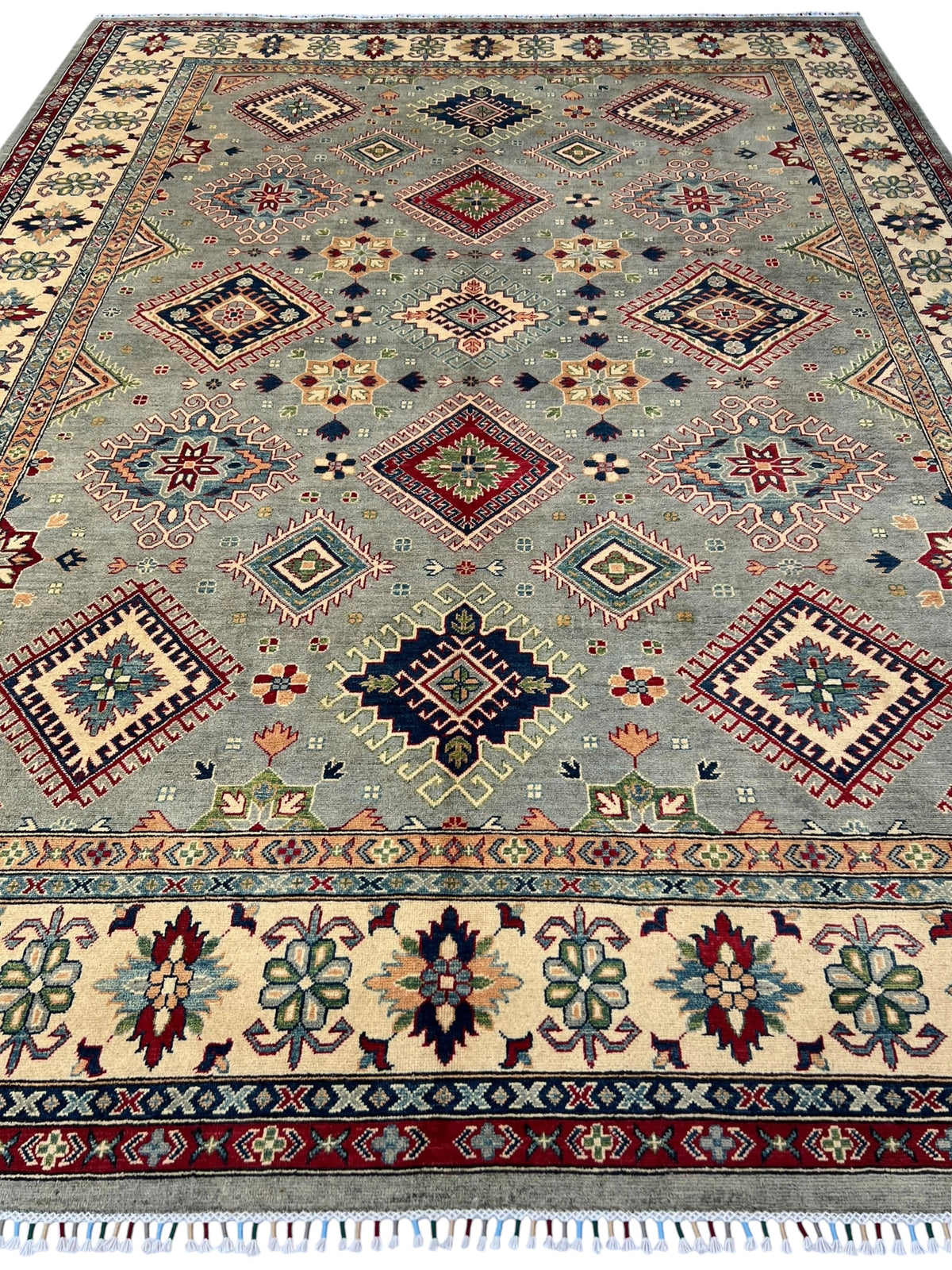 Afghan Kazak Rug 10x13, Gray, Ivory & Red, Hand-Knotted Wool, view 2