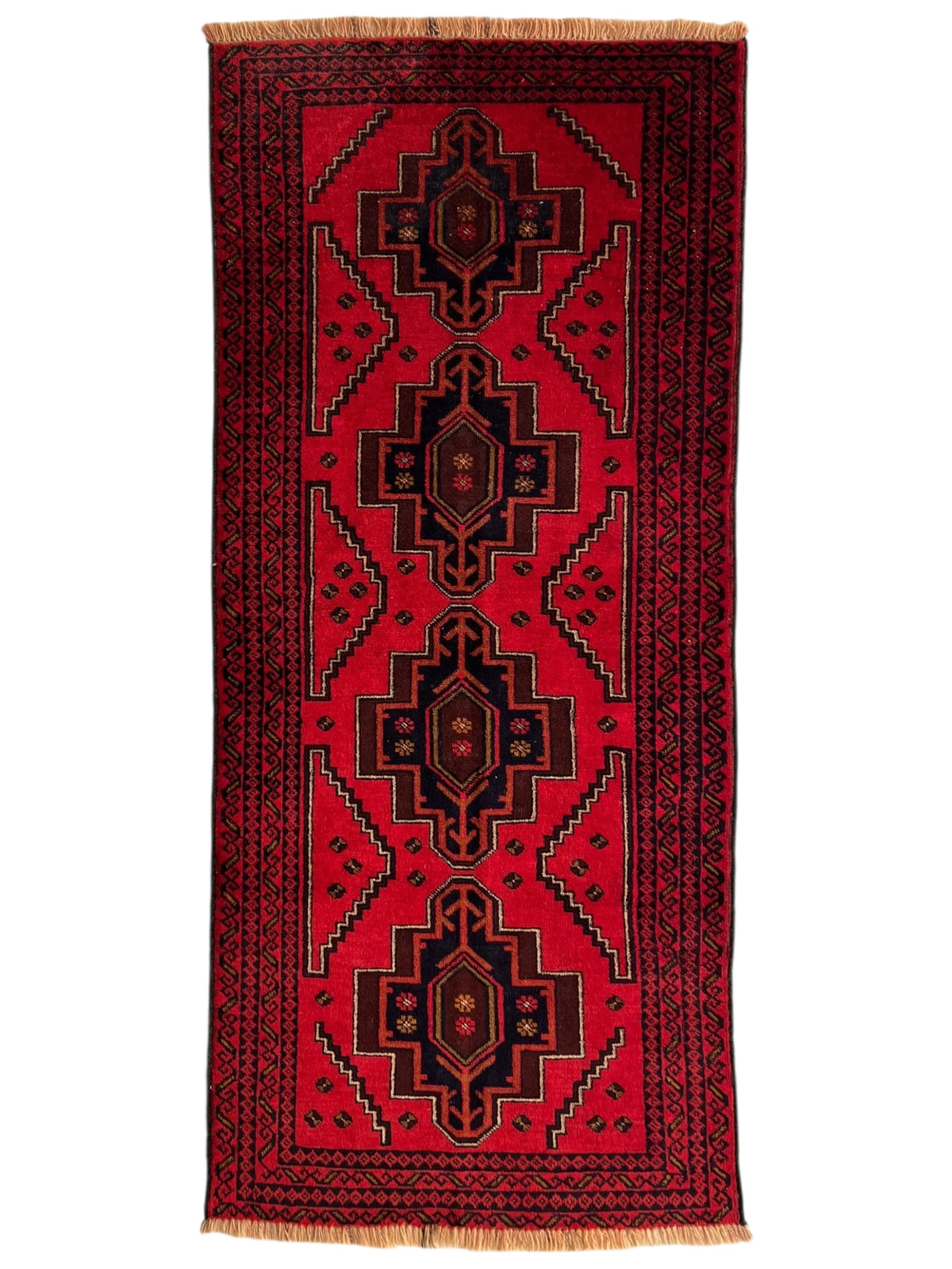 Afghani Rug 3x7 size range tribal Red Blue laid flat