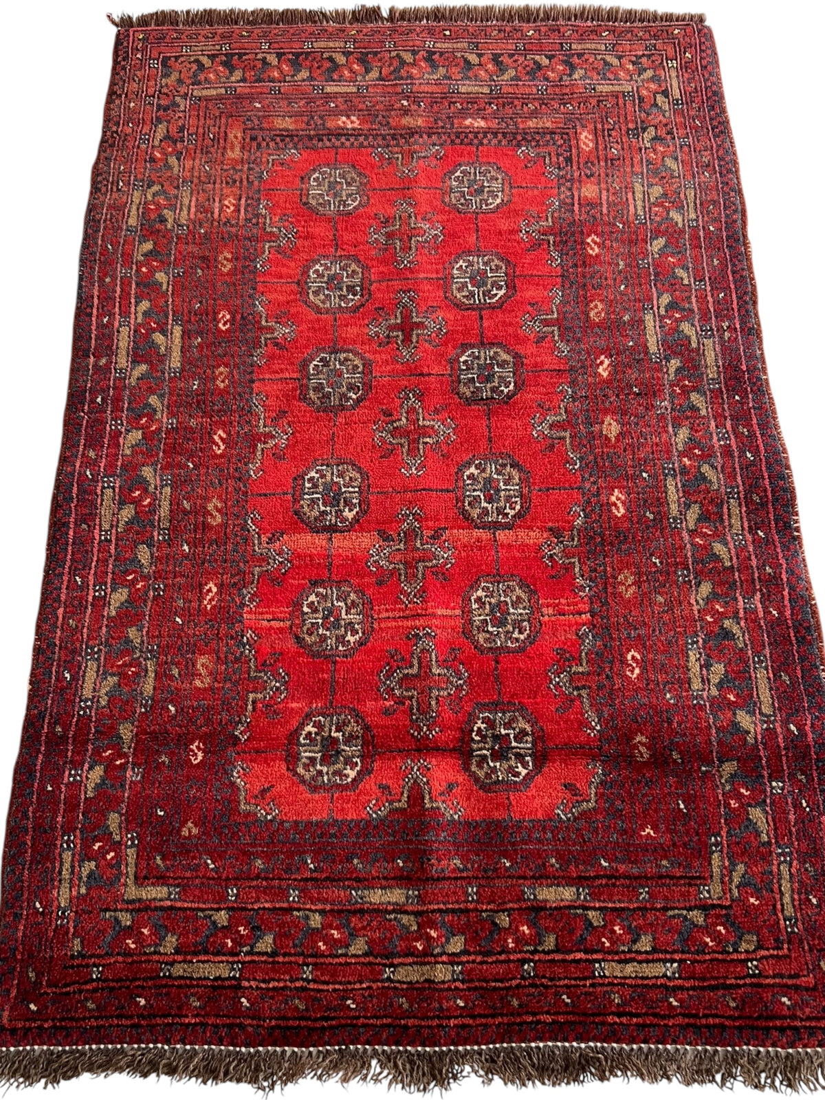 Afghani Rug 3x4 size range tribal Red Blue laid flat