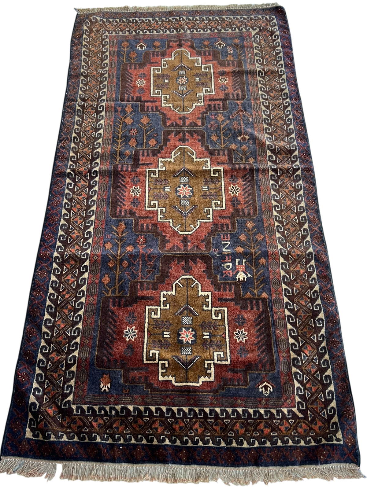 Oriental Rug 3x6 | Brown, Rust & Navy | Hand-Knotted Wool