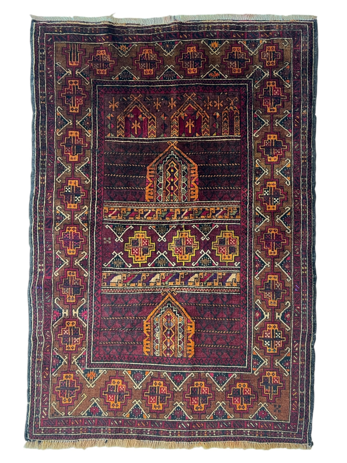Baluch Rug 3x5 | Burgundy, Brown & Gold | Hand-Knotted Wool