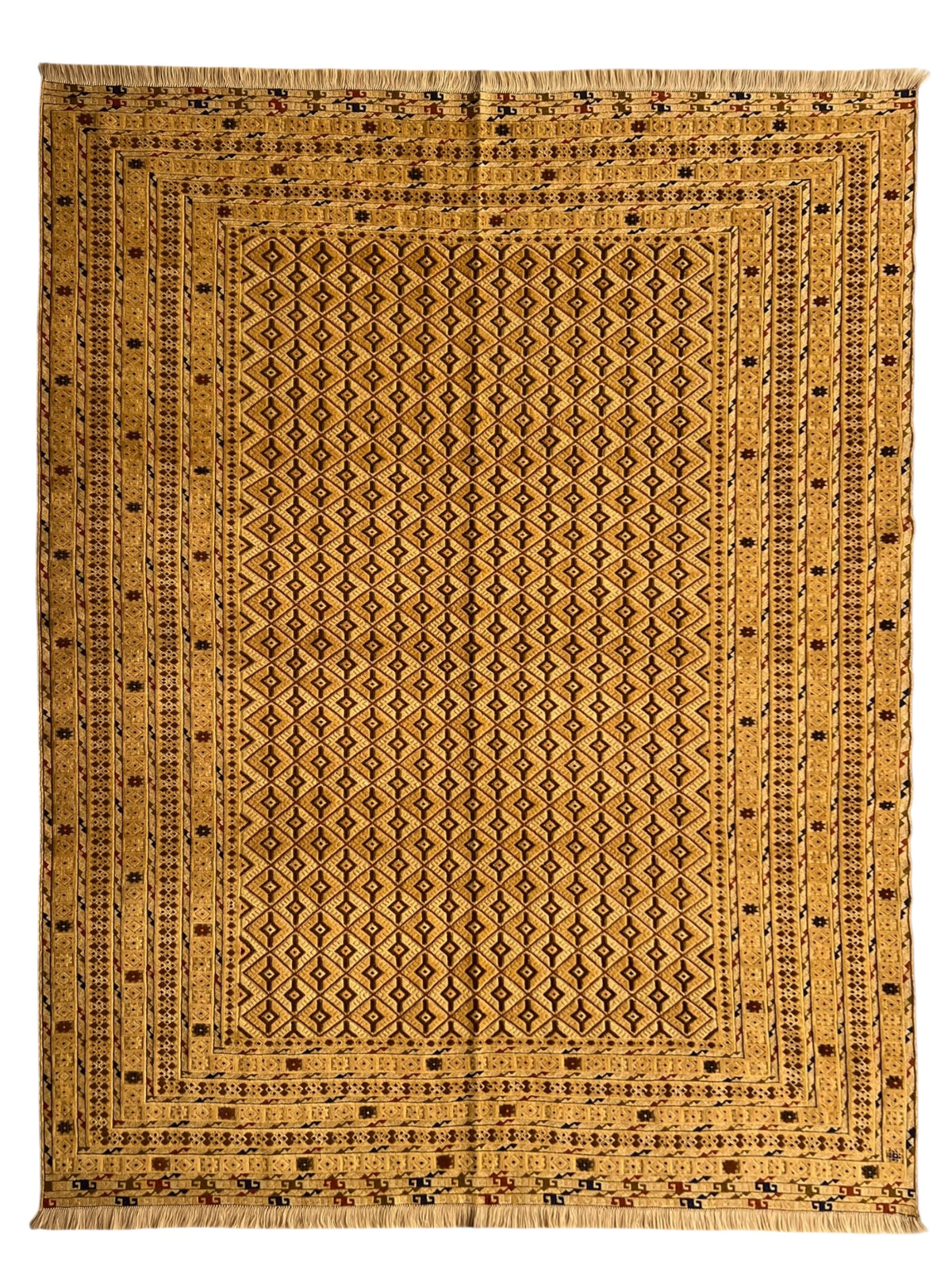 Afghan Rug 7x9, Gold, Brown & Navy, Hand-Knotted Wool