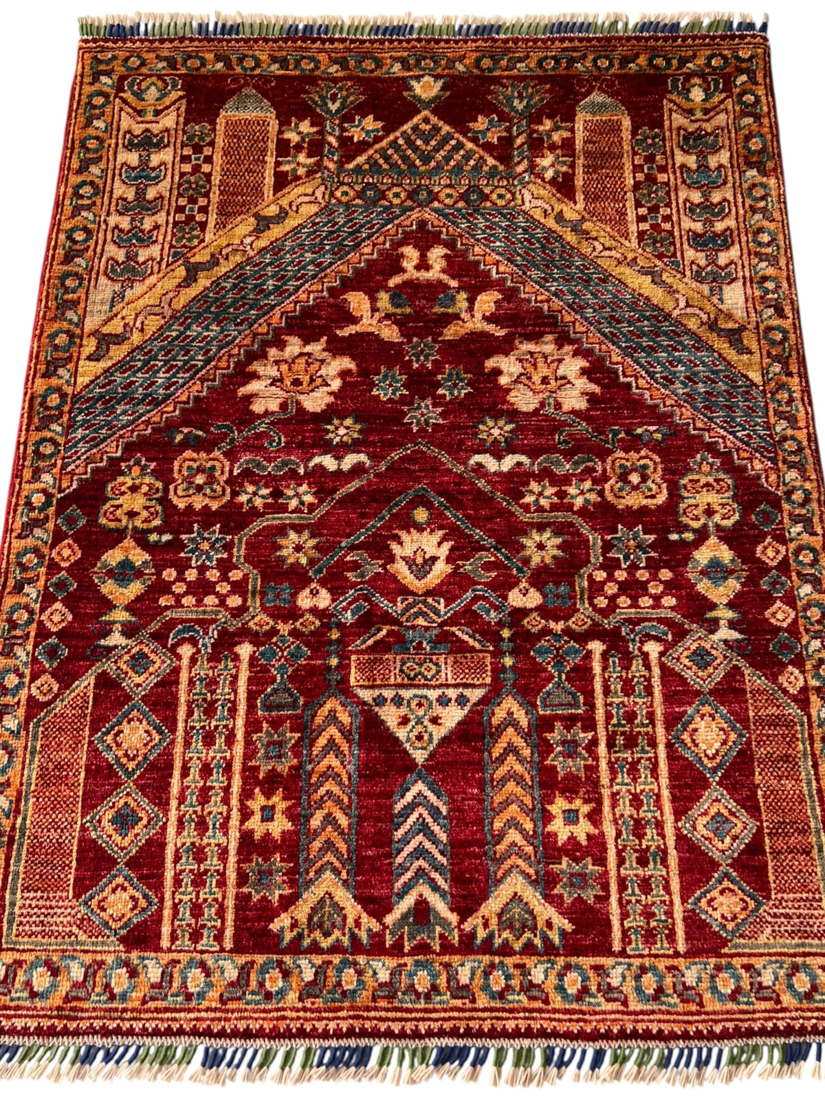 Prayer Rug 3x4 | Red, Gold & Blue | Hand-Knotted Wool