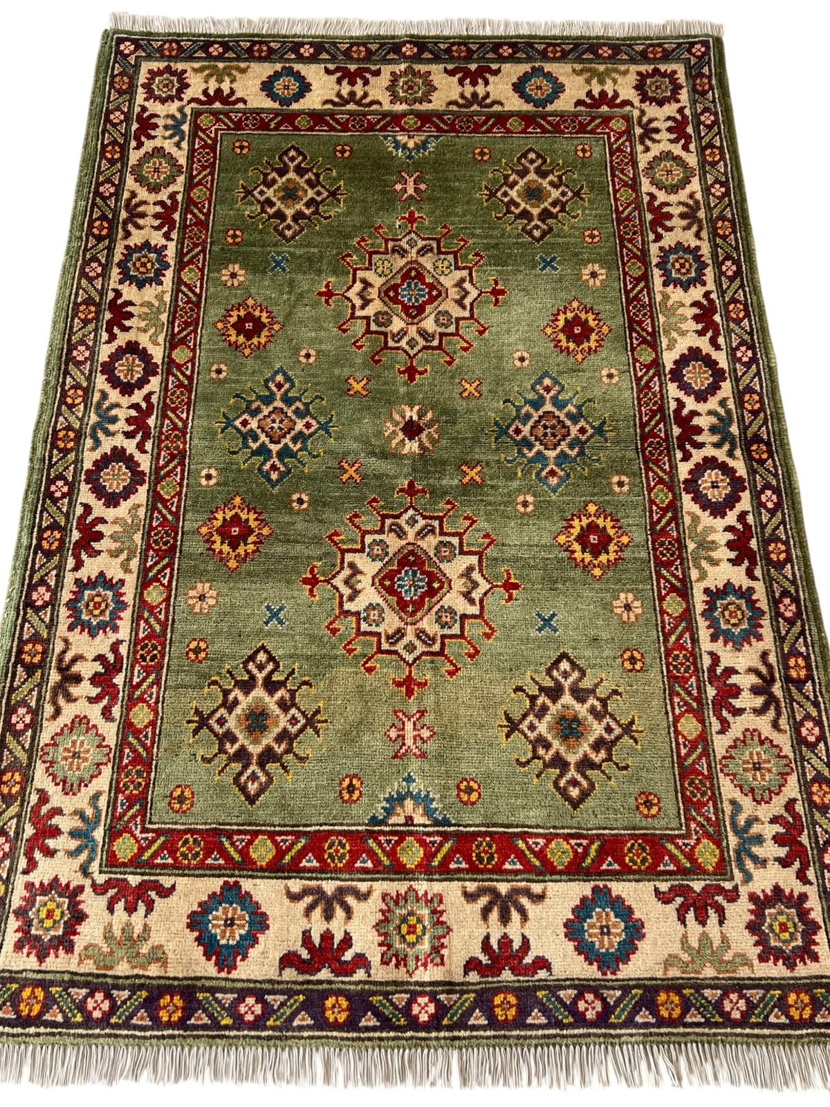 Kazak Rug 3x5 | Olive Green, Ivory & Red | Hand-Knotted Wool