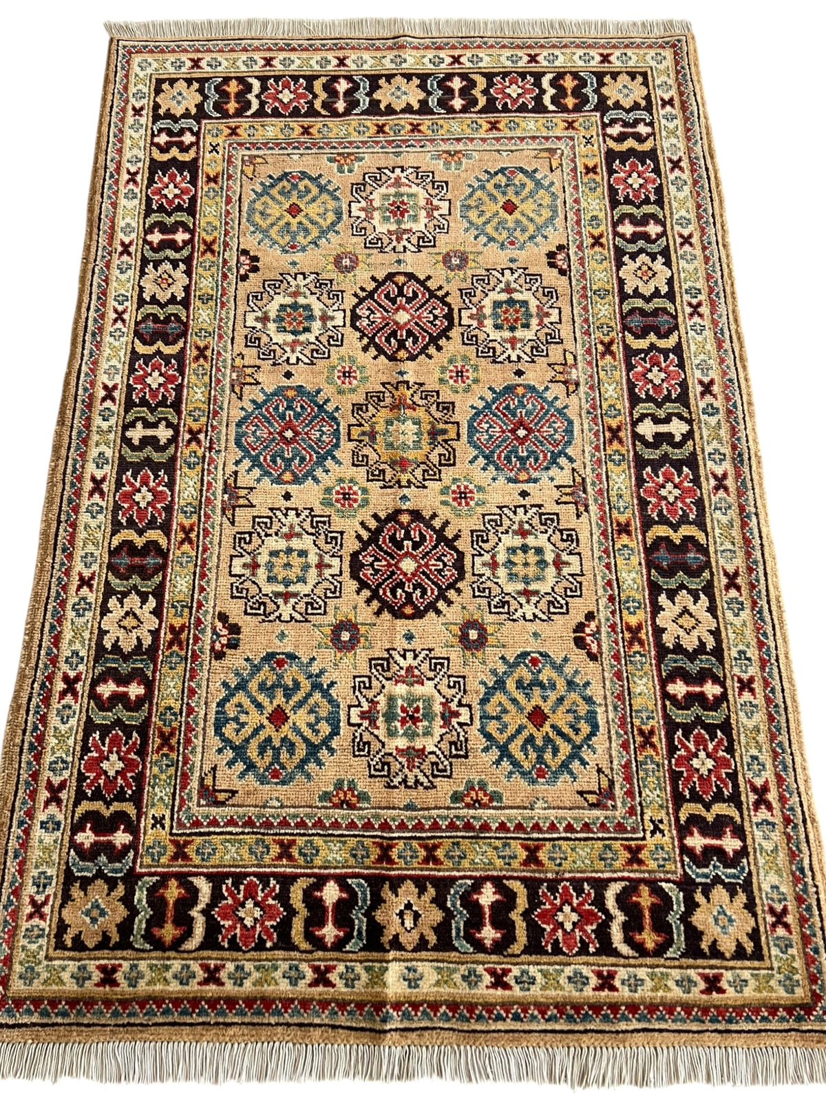 Kazak Rug 3x5 | Beige, Black & Burgundy | Hand-Knotted Wool