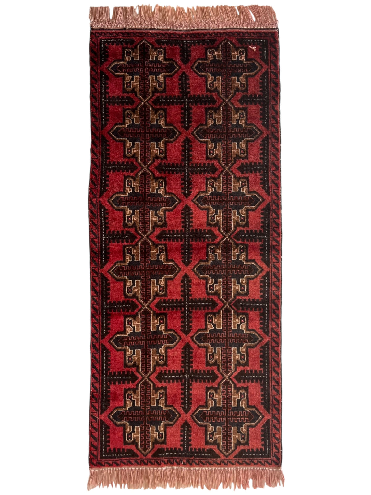 Crosses Geometric Runner Rug 3x6 | Red, Black, Burgundy & Beige | Hand-Knotted Wool