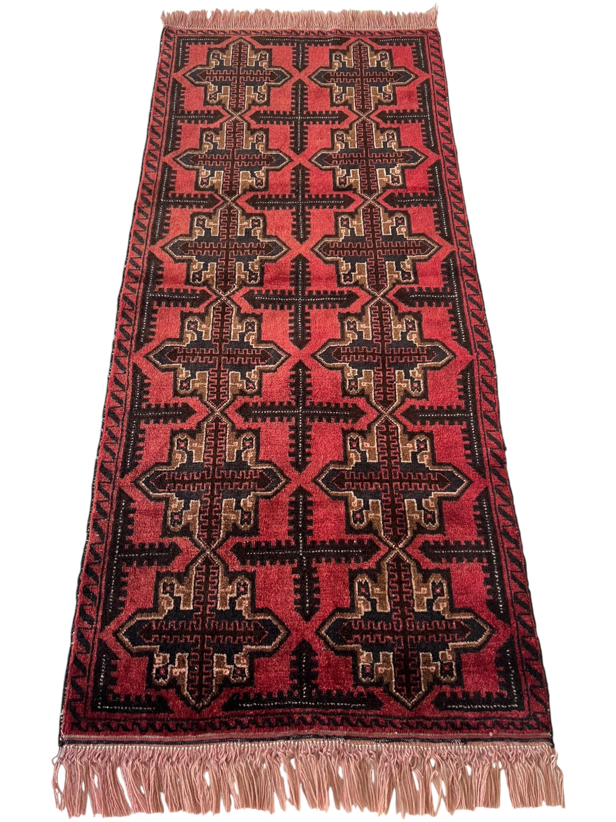 Crosses Geometric Runner Rug 3x6 | Red, Black, Burgundy & Beige | Hand-Knotted Wool