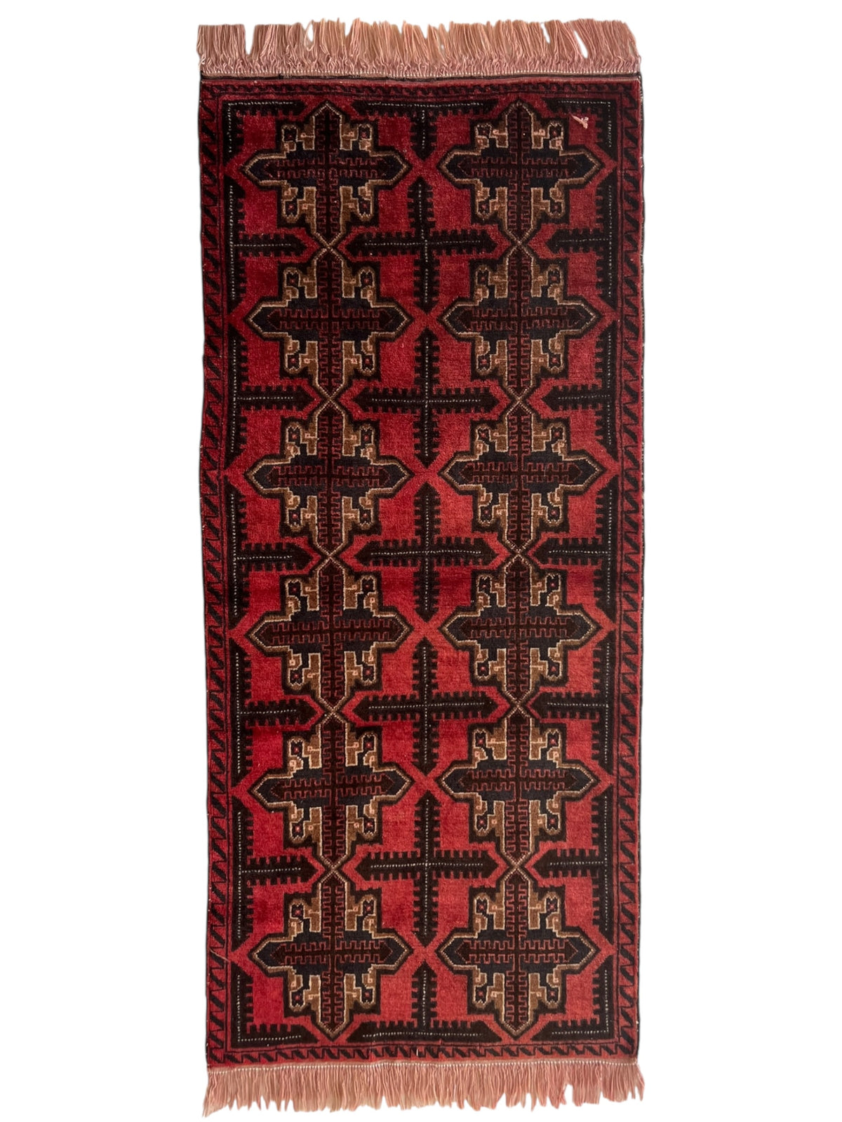 Baluch Crosses Geometric Rug 3x6 | Red, Black, Burgundy & Beige | Hand-Knotted Wool
