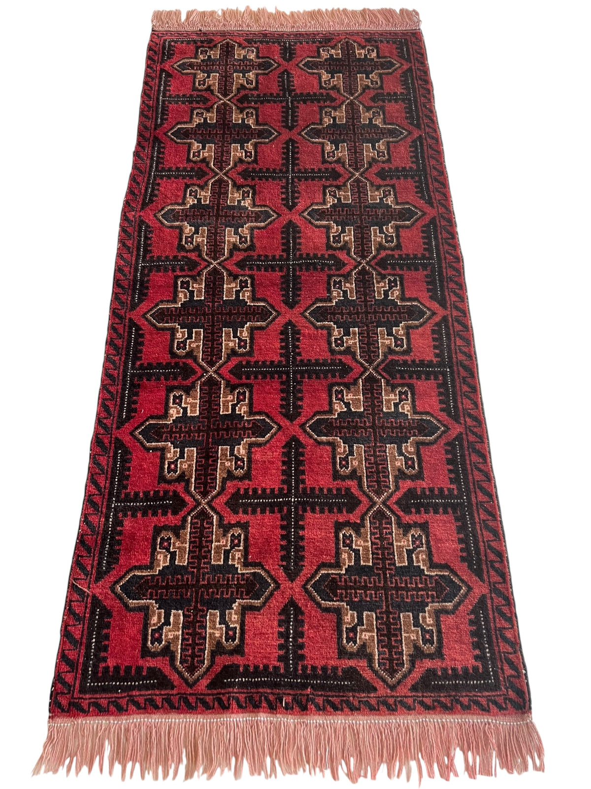 Baluch Crosses Geometric Rug 3x6 | Red, Black, Burgundy & Beige | Hand-Knotted Wool