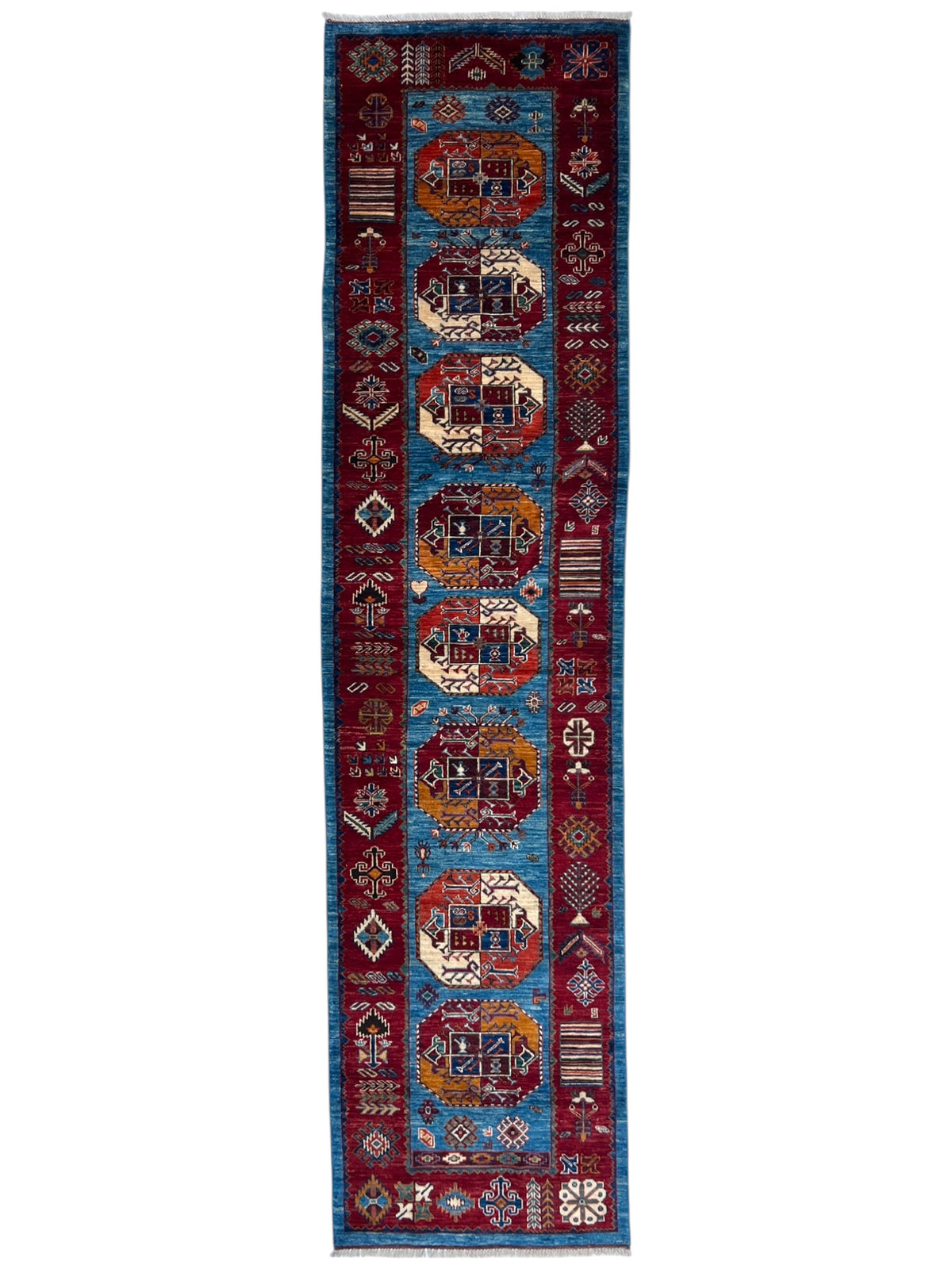 Afghan Turkmen Runner 2'10" x 11'3", Hand-Knotted Wool, Blue & Red, view 2