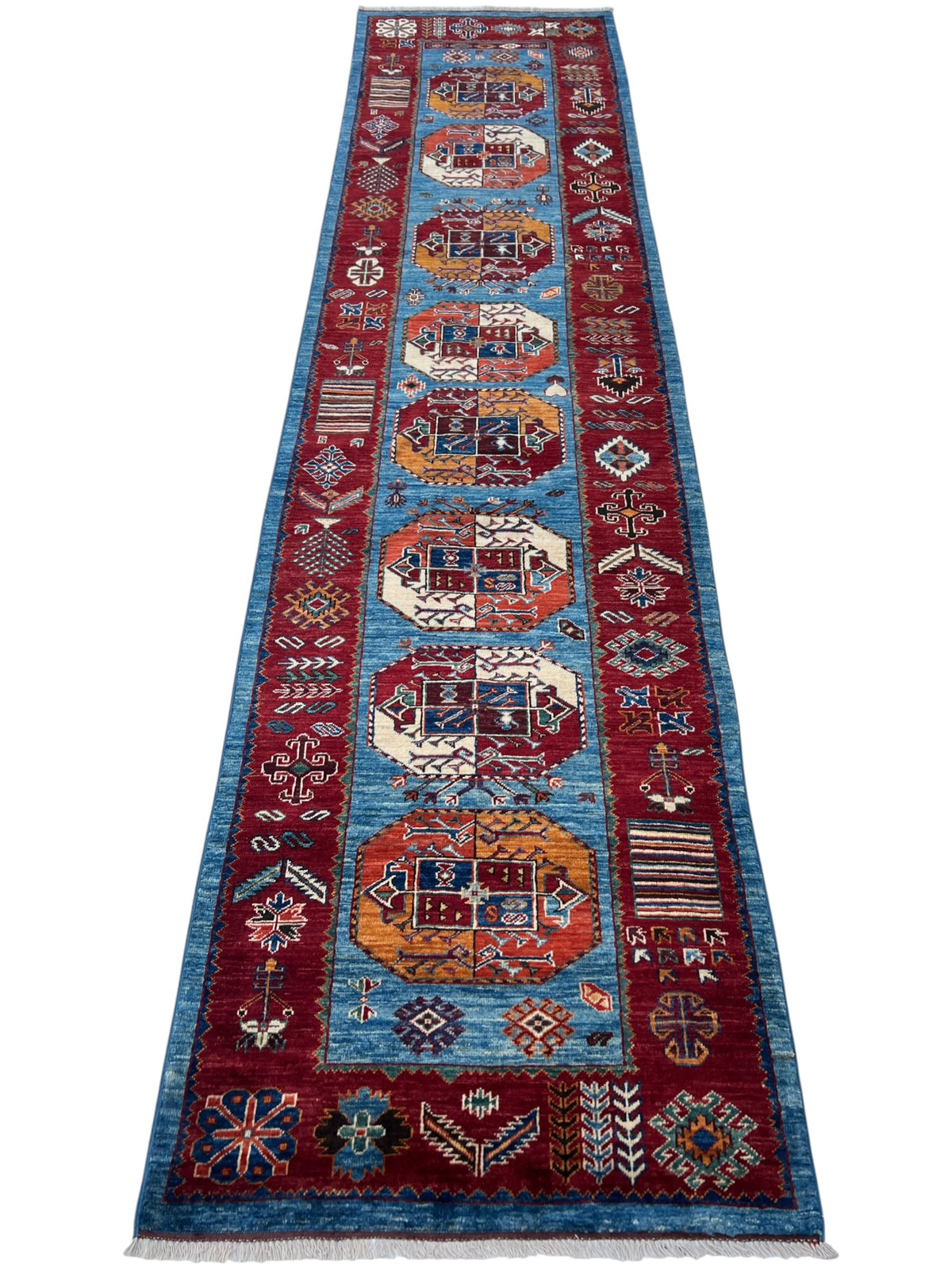 Afghan Turkmen Runner 2'10" x 11'3", Hand-Knotted Wool, Blue & Red