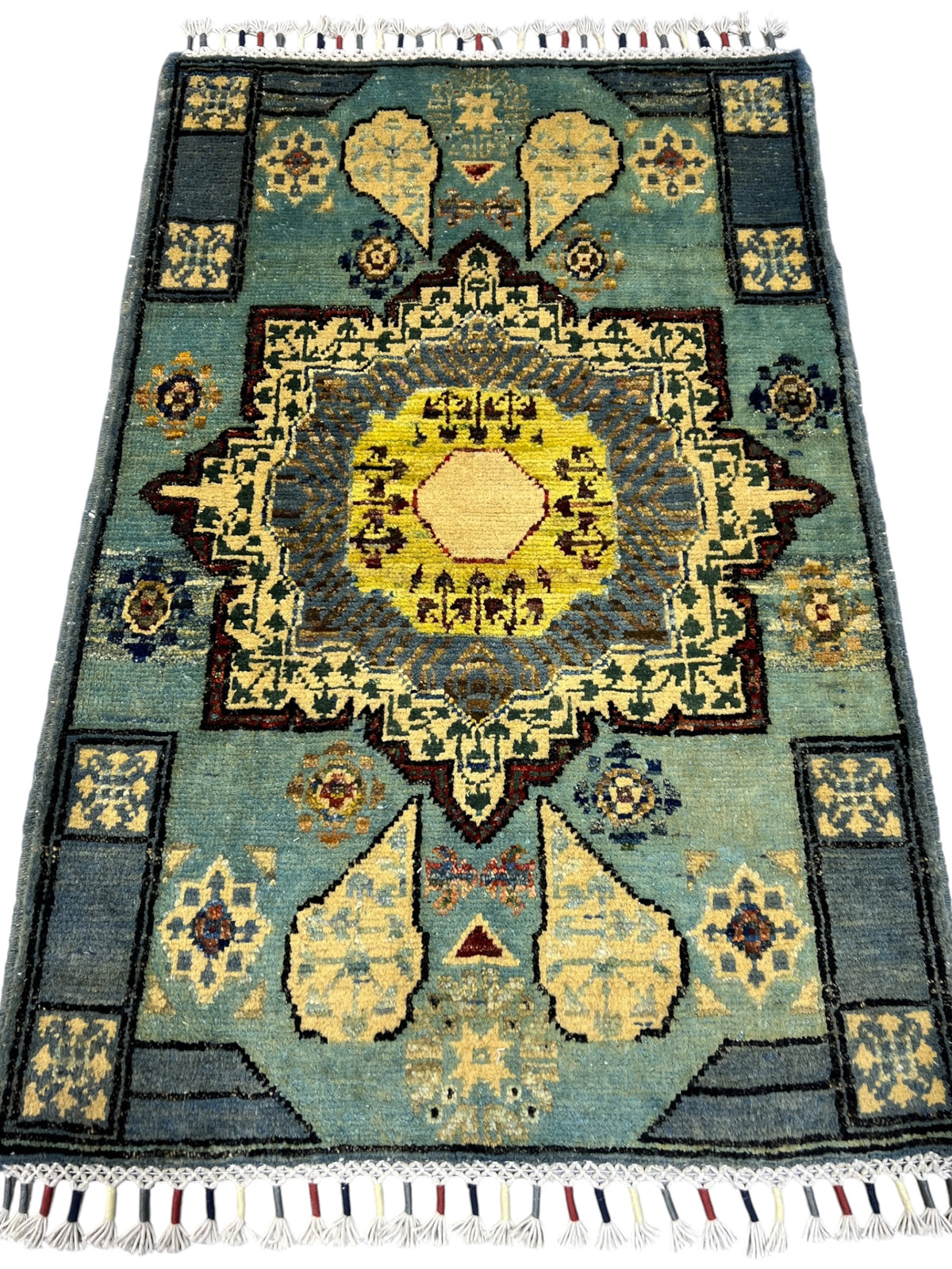 Chobi Mamluk Rug 2x3 | Light Blue, Cream & Gray | Hand-Knotted Wool