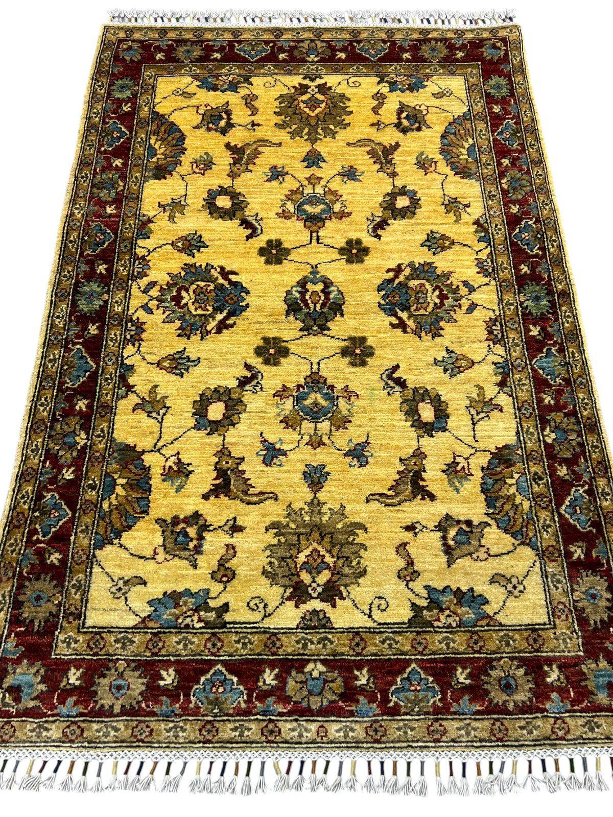Chobi Ziegler Rug 3x5 | Gold, Burgundy & Green | Hand-Knotted Wool