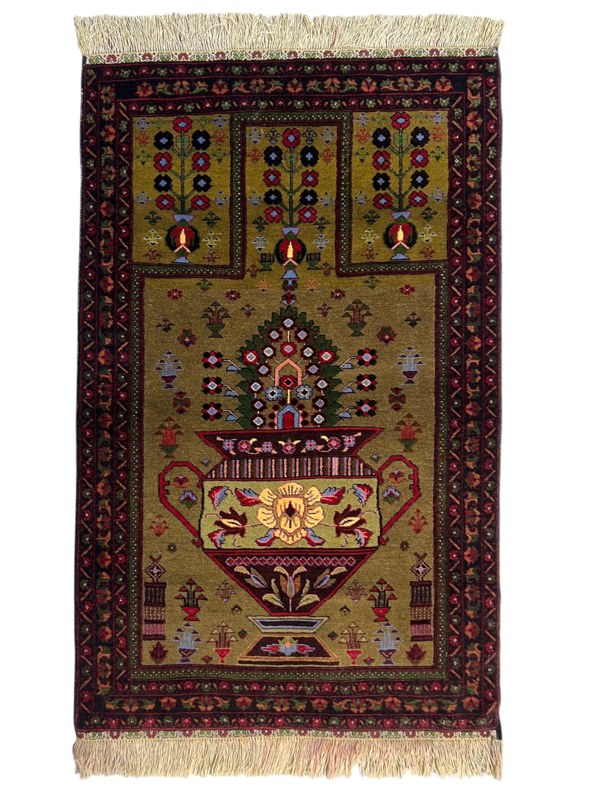 Kazak Prayer Rug 3x5 | Olive, Burgundy & Red | Hand-Knotted Wool